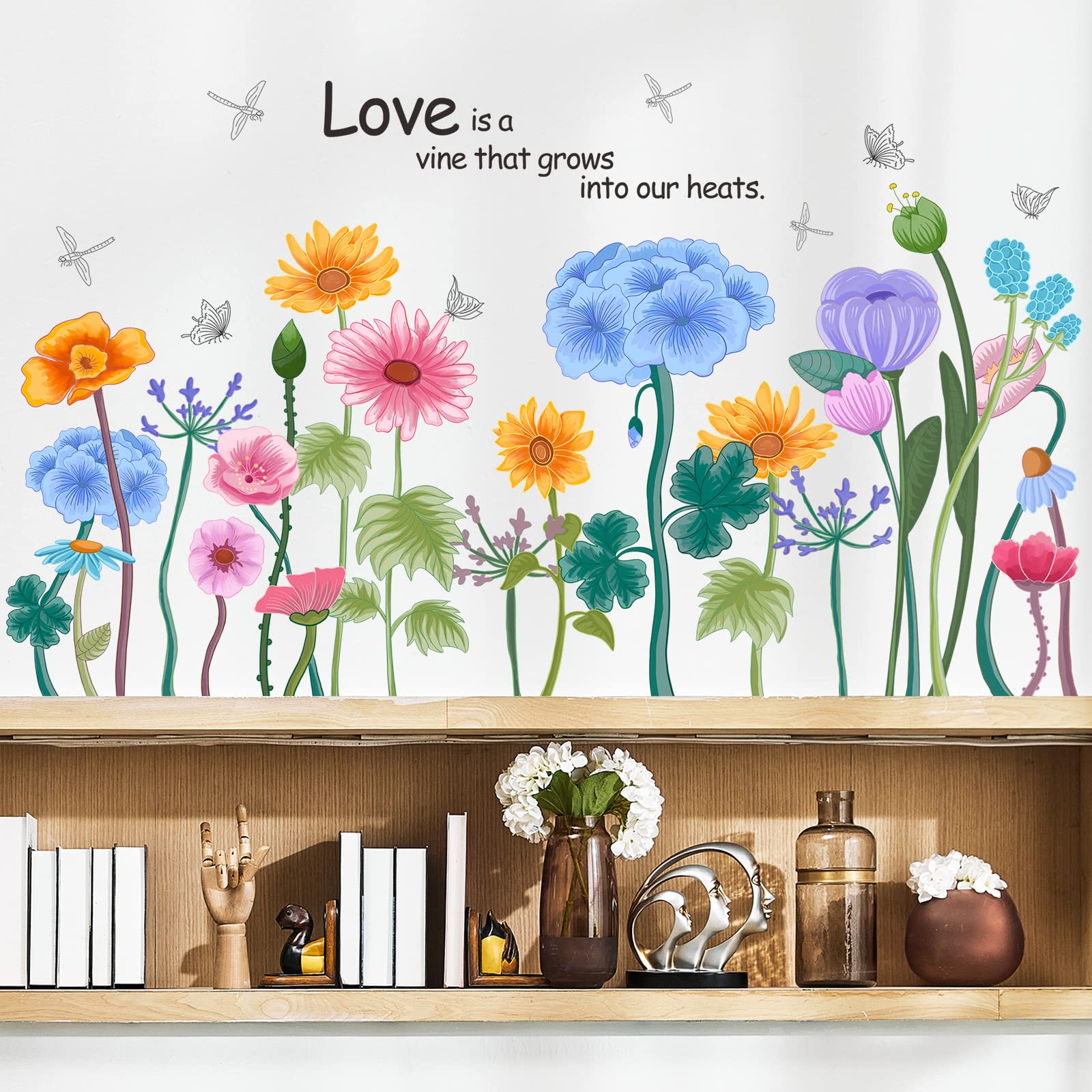 RW-93156 Creative Colorful Flowers Wall Decals 3D Tropical Flower Butterfly Leaf Wall Stickers DIY Removable Poppy Daisy Floral Green Leaves Decor for Kids Girls Bedroom Living Room Nursery Decoration
