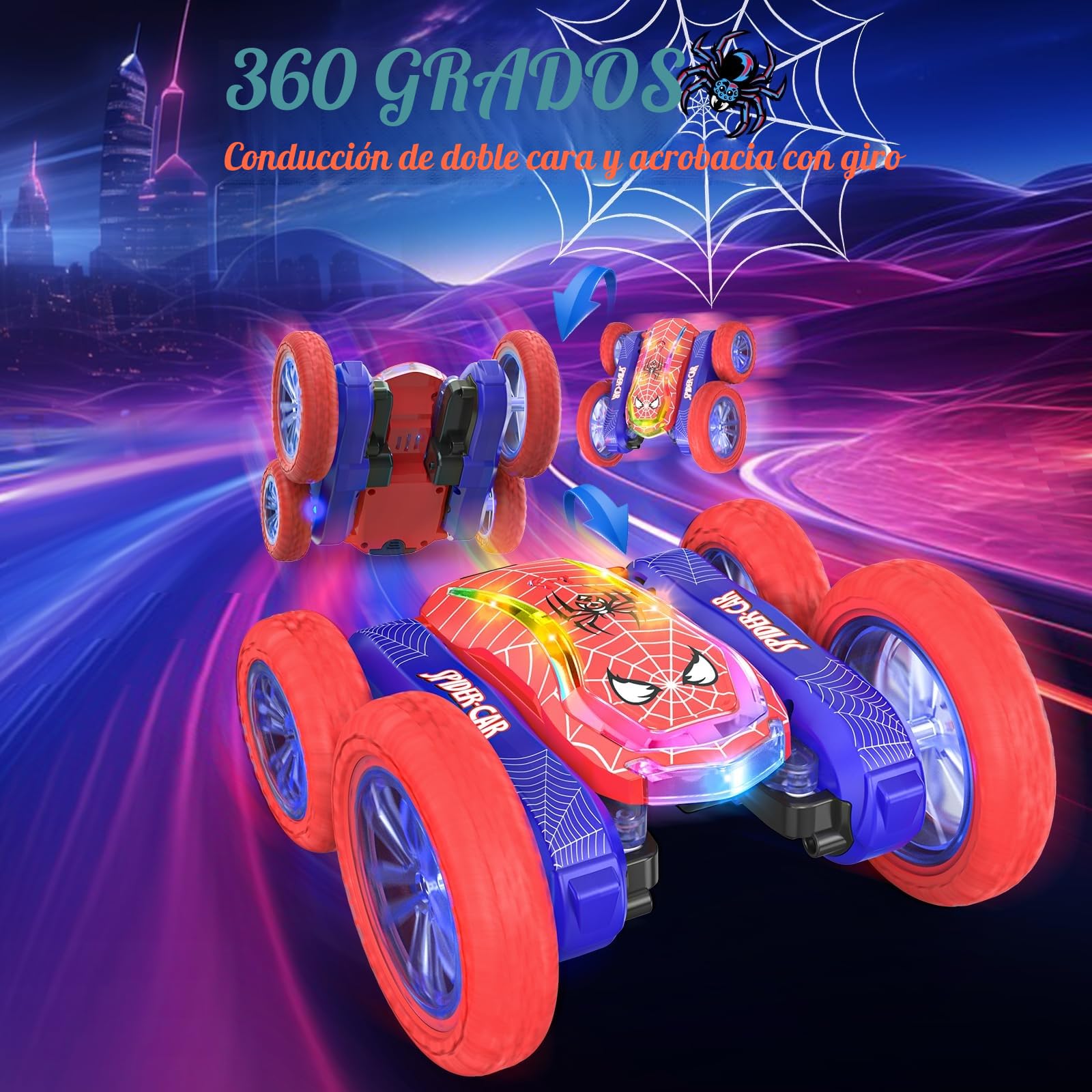 Coche Teledirigido Niños 4 5 6 7 8 9 10 Años, Spider Juguete Monster Truck RC Carro Radiocontrol Acrobático con Espectáculo de Luz, Remote Car Regalo Niña Cumpleaños Navidad Juego Infantiles Exterior