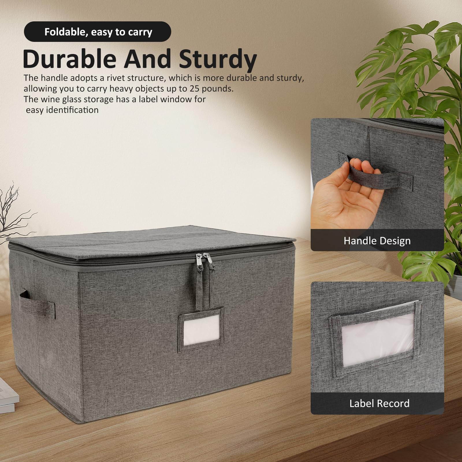 Caja de almacenamiento para copas de vino con 12 divisores, plegable, contenedor de almacenamiento de porcelana con asa, funda protectora apilable para bebidas, para fiestas, viajes, camping, mudanzas
