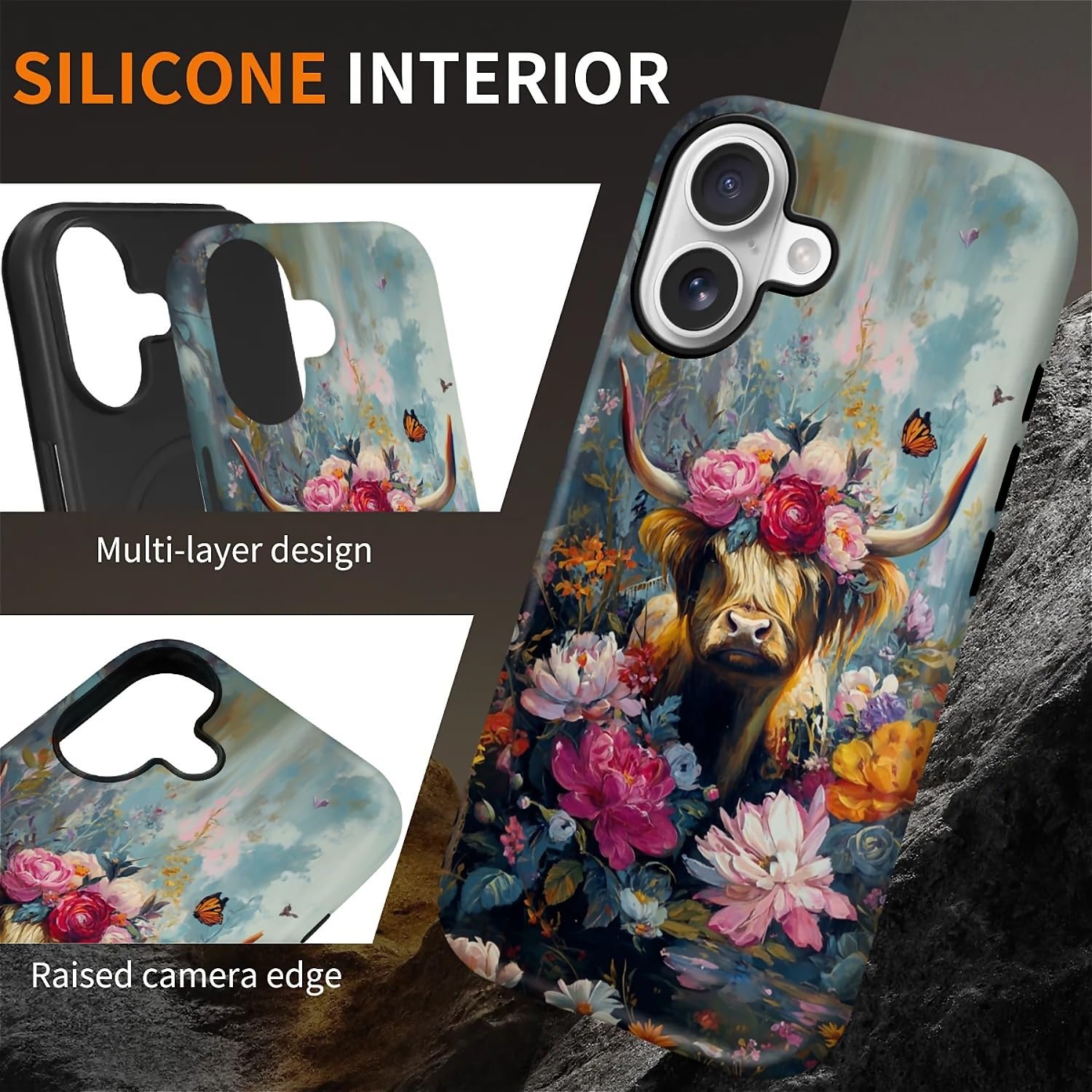 CARLOCA Custodia protettiva lucida per iPhone 17 compatibile con Magsafe Full Body per ragazza ragazzo antiurto ricarica magnetica motivo arte rococò colorata mucca delle Highland fiori farfalla