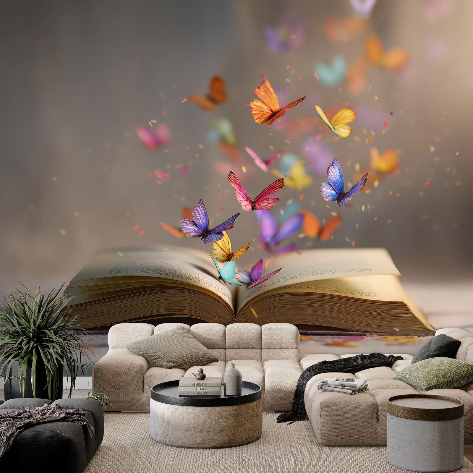 Carta da parati da parete beige con libri sognanti e farfalle colorate, decorazione da parete in tessuto non tessuto di alta qualità, per camera dei bambini e asilo, 250 x 175 cm, carta da parati