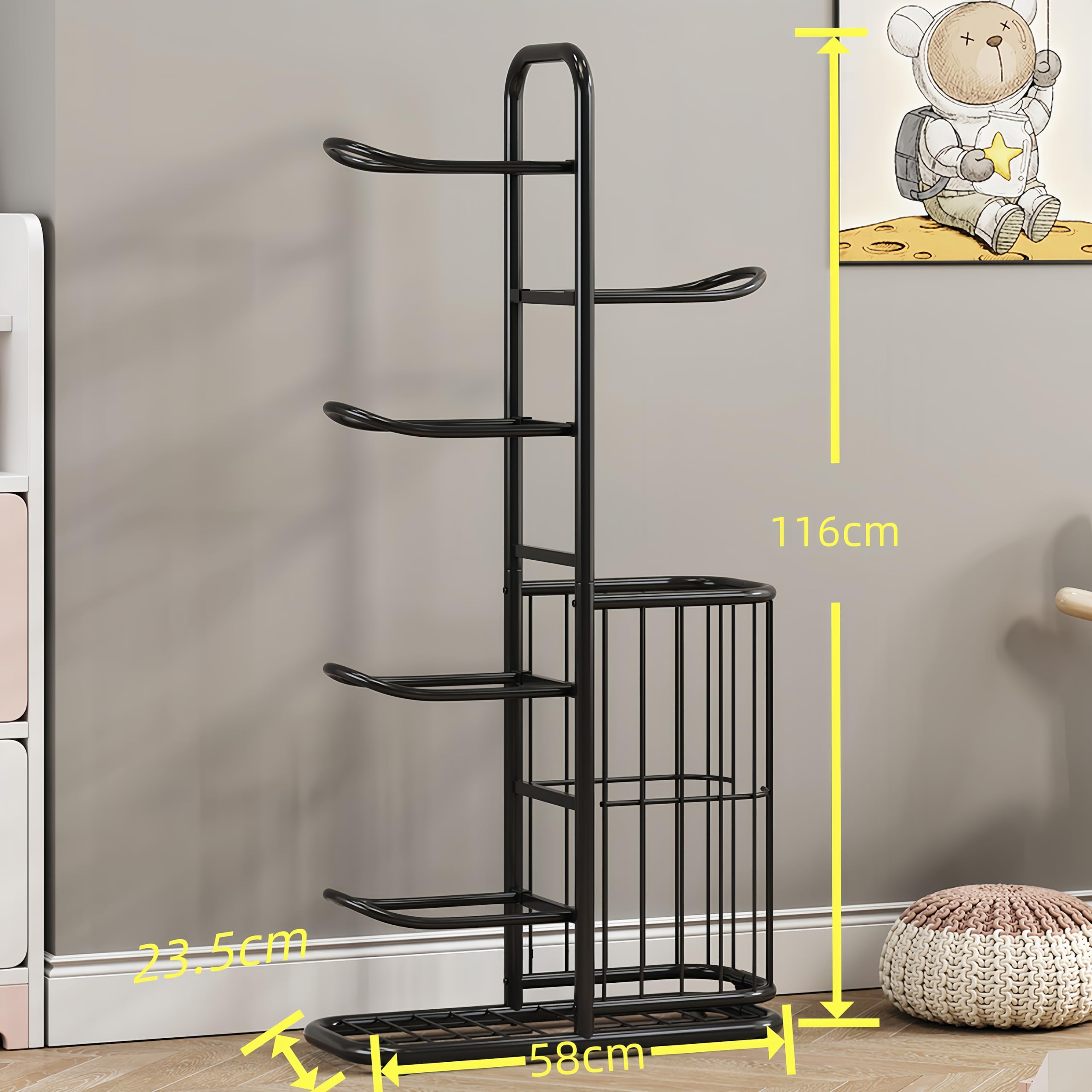 Porta Palloni Verticale Regolabile con Scaffale per 5 Palloni, in Acciaio Resistente, con Cassetto per Stoccaggio, per Basket, Calcio, Pallavolo e Altri Sport, per Garage, Altezza 116 cm