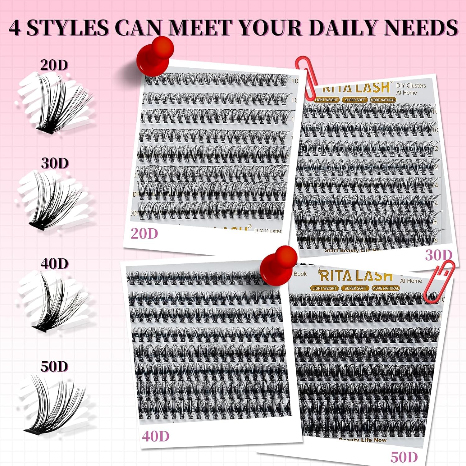 RITALASH 640PCS 4 Style Cluster Lashes Book Individual Lashes Clusters Eyelash Extensions False Eyelashes DIY Wispy Fluffy Lash Extension Kit Natural Look (20D+30D+40D+50D cluster lashes) - Image 2