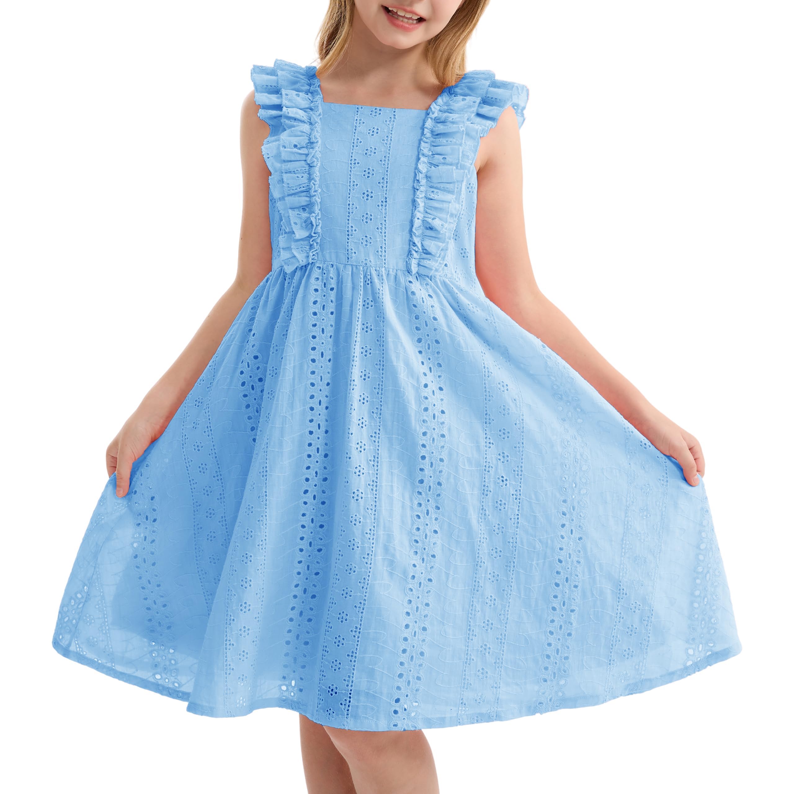 Rolanko Vestido con Mangas con Volantes para Niñas, Vestido de Verano Fluido de Corte A con Escote Cuadrado y Botones