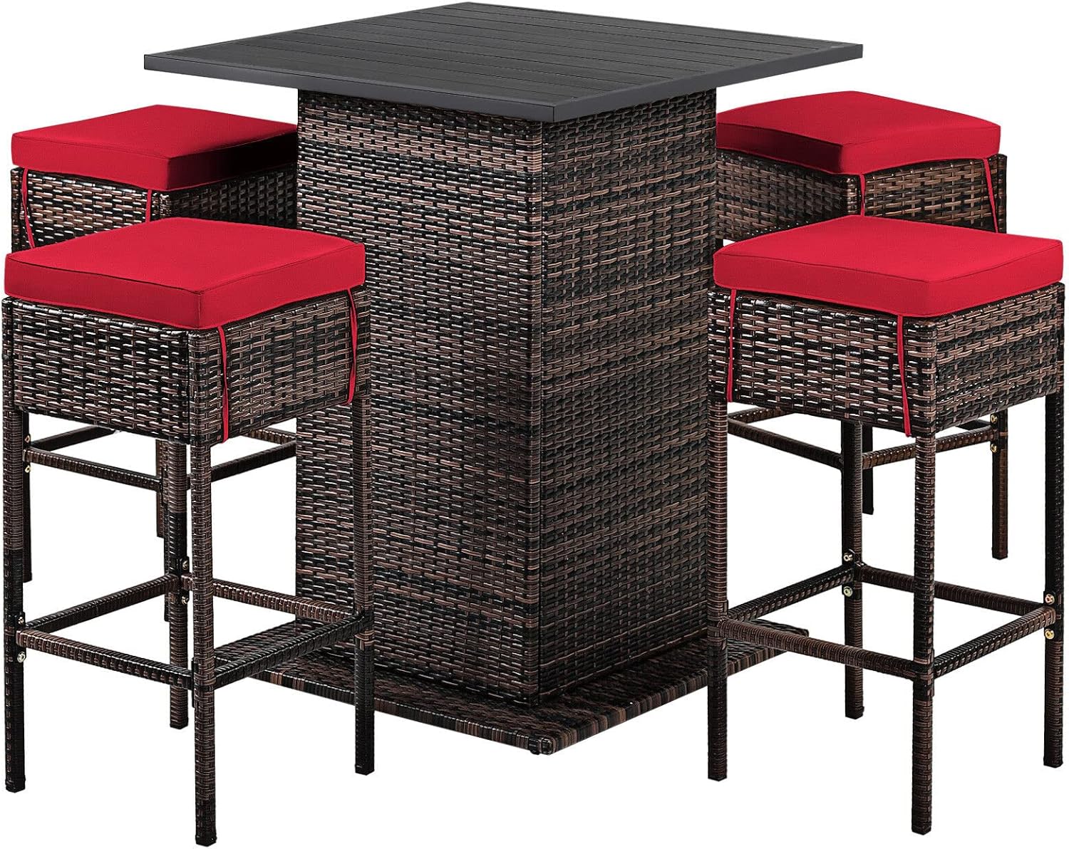 Red 5PCS Patio PE Rattan Bar Table Stool Set Bar Table with Hidden Storage Space 4 Ergonomic Stools with Footrest Comfortable Sitting with Soft Cushions Suitable for Poolside Garden Backyard Use