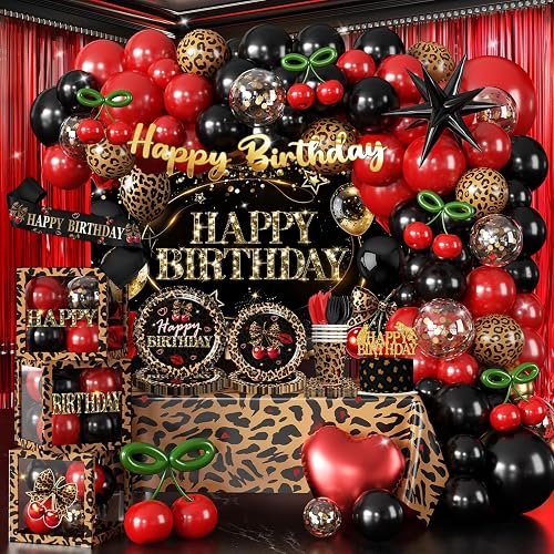 Cocomigo 258pcs Cheetah Print Birthday Decorations, One-stop Set for 25 People, Includes 350gsm Plates Backdrop Balloon Arch and Tablecloths, Cheetah and Cherry Birthday Decorations for Female