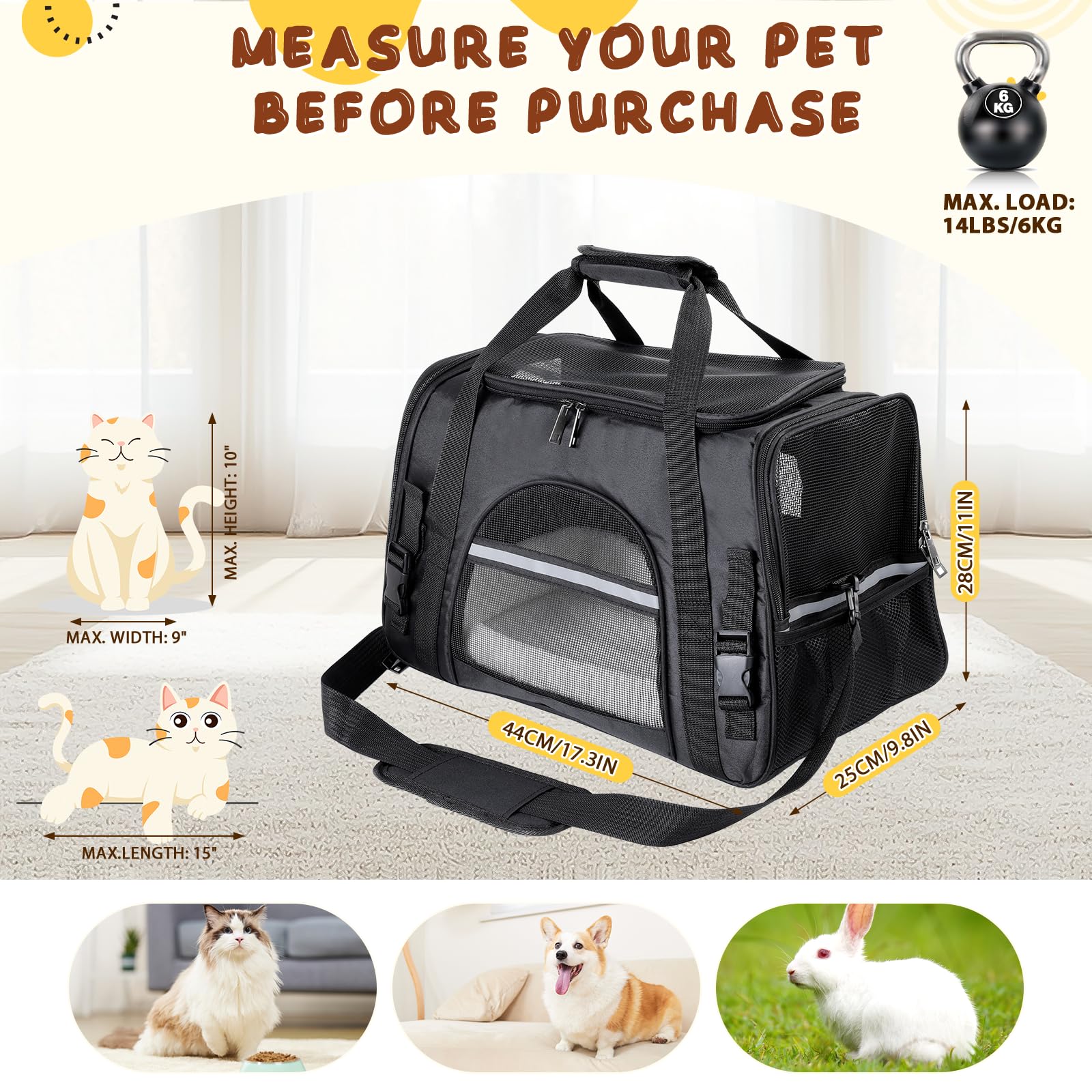 Romon Transportín Gato Perro, Transportin Pequeño Cat Carrier, Bolsa Transporte Transpirable para Mascotas con Colchón Suave, Plegable Bolso Gatos Cachorros Gatitos de 6Kg, 17.3x11x9.8 Inch, Negro