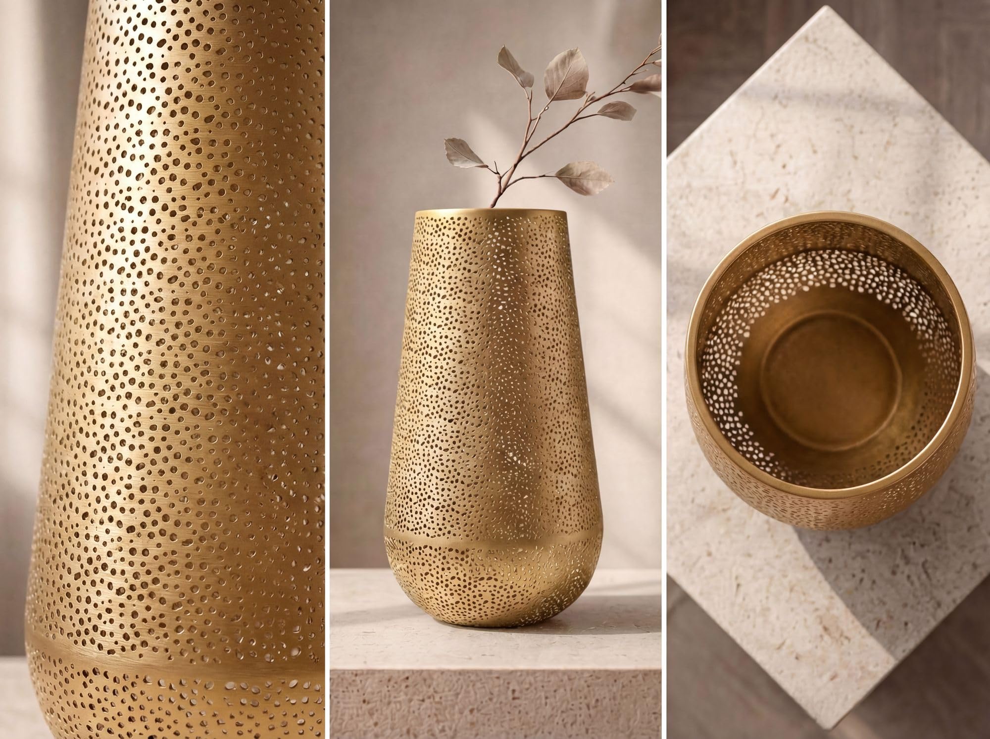 FineBuy Wazon dekoracyjny 25 x 25 x 47 cm Metal Złoty Okrągły Handmade | Wazon podłogowy ażurowy, ręcznie wykonany z żelaza. Ażurowy wazon dekoracyjny, ozdoba do salonu i przedpokoju.