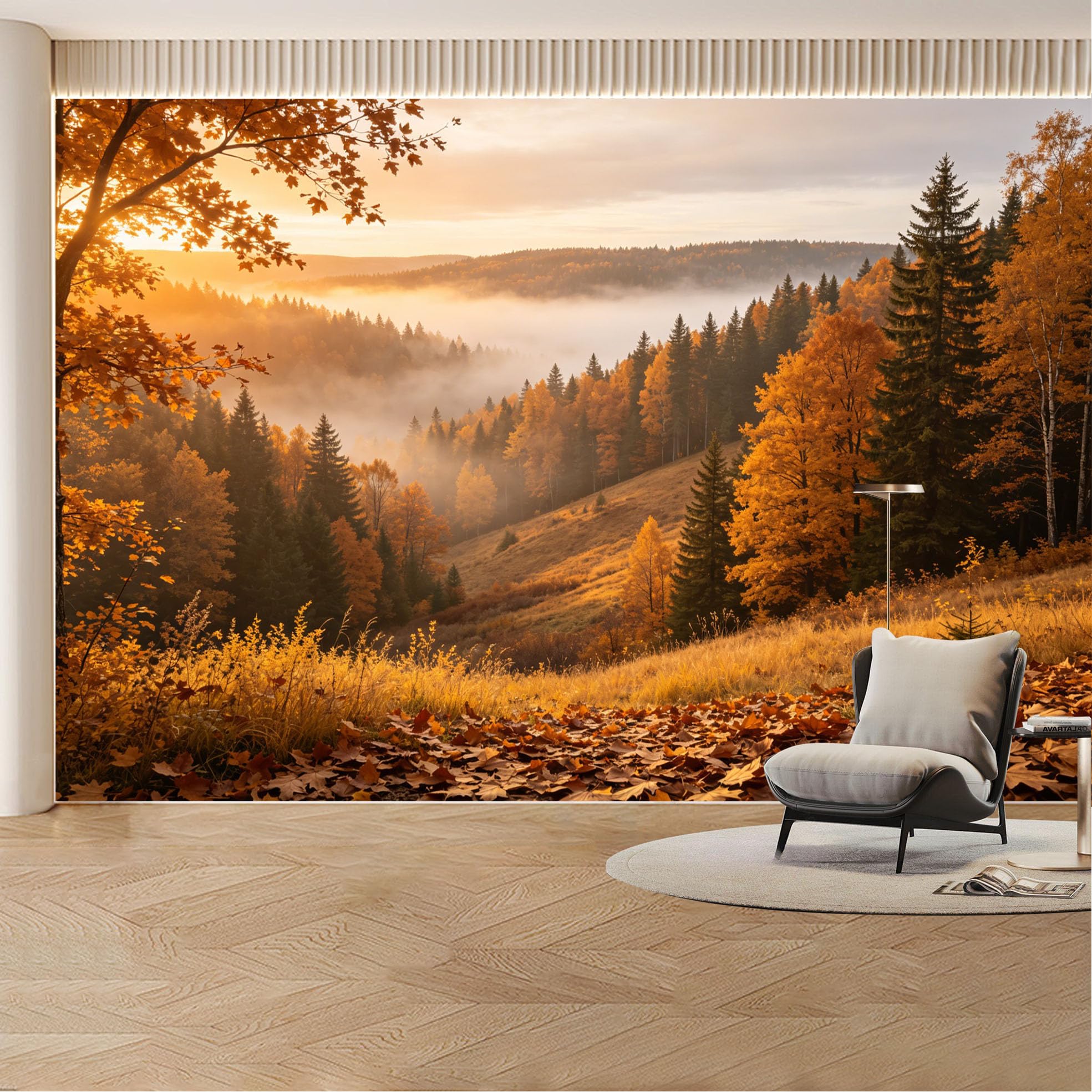 Custom Wall Mural Wallpaper Autumn Forest Misty Mountain Landscape 3D Effect Wall Decor Sunset Removable SelfAdhesive Large Photo for Living Room， Bedroom， Office