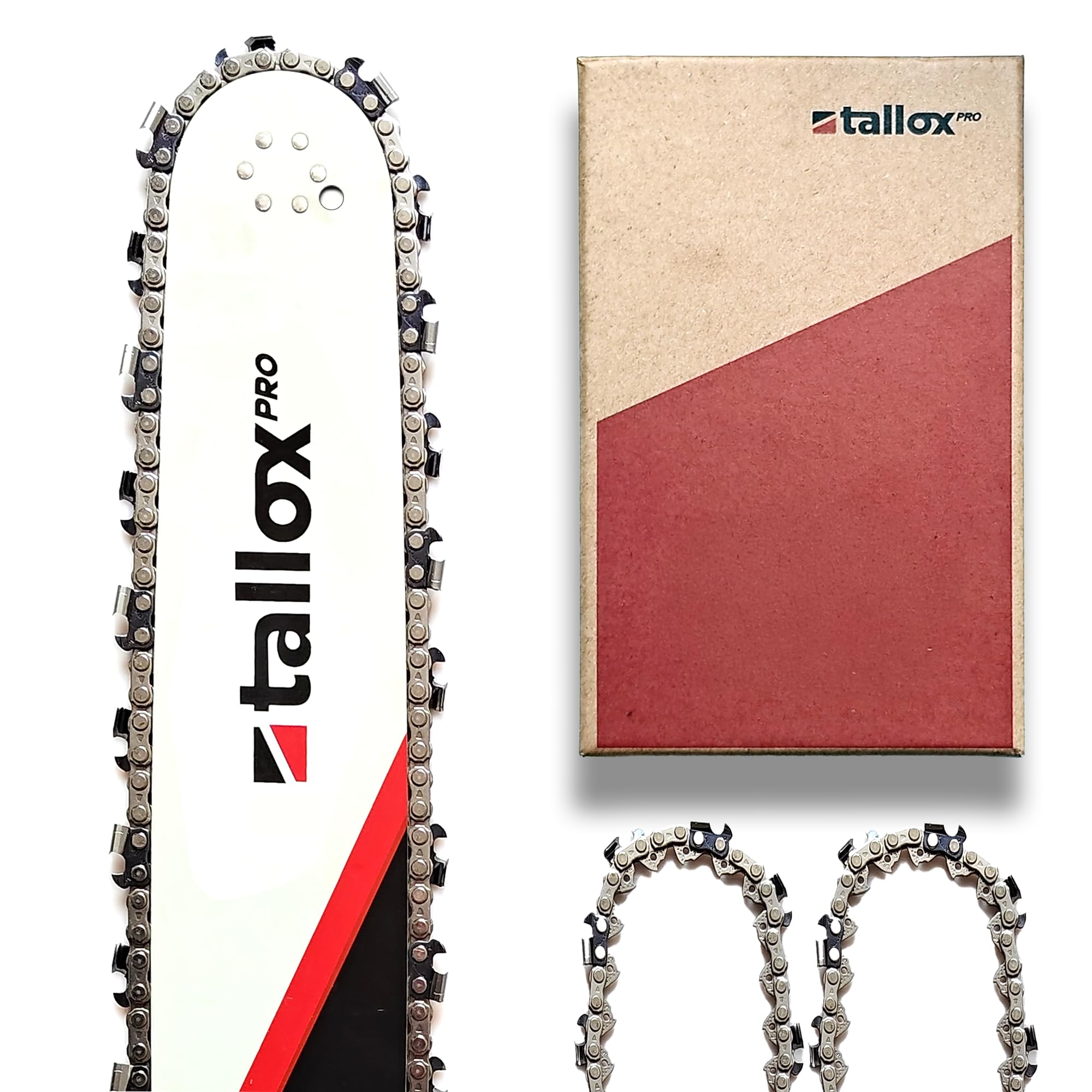 Guide-chaîne professionnel Tallox avec 3 chaînes de scie Tallox, pas de 3/8", jauge 1,6 mm, 60 maillons d'entraînement, pour guide de 40 cm, compatibles avec les tronçonneuses Stihl