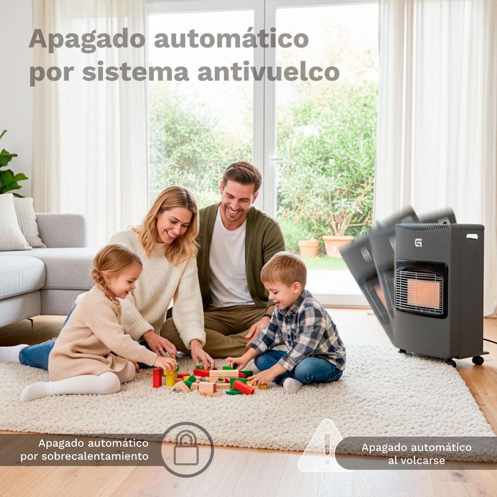 Estufa de gas butano plegable y portátil, Catalítica cerámica, 4200W, Sistema ignición piezoeléctrico, 3 niveles calor, cobertura 20-80m²- Apto bombonas 15kg (NO Regulador NO Tubo)