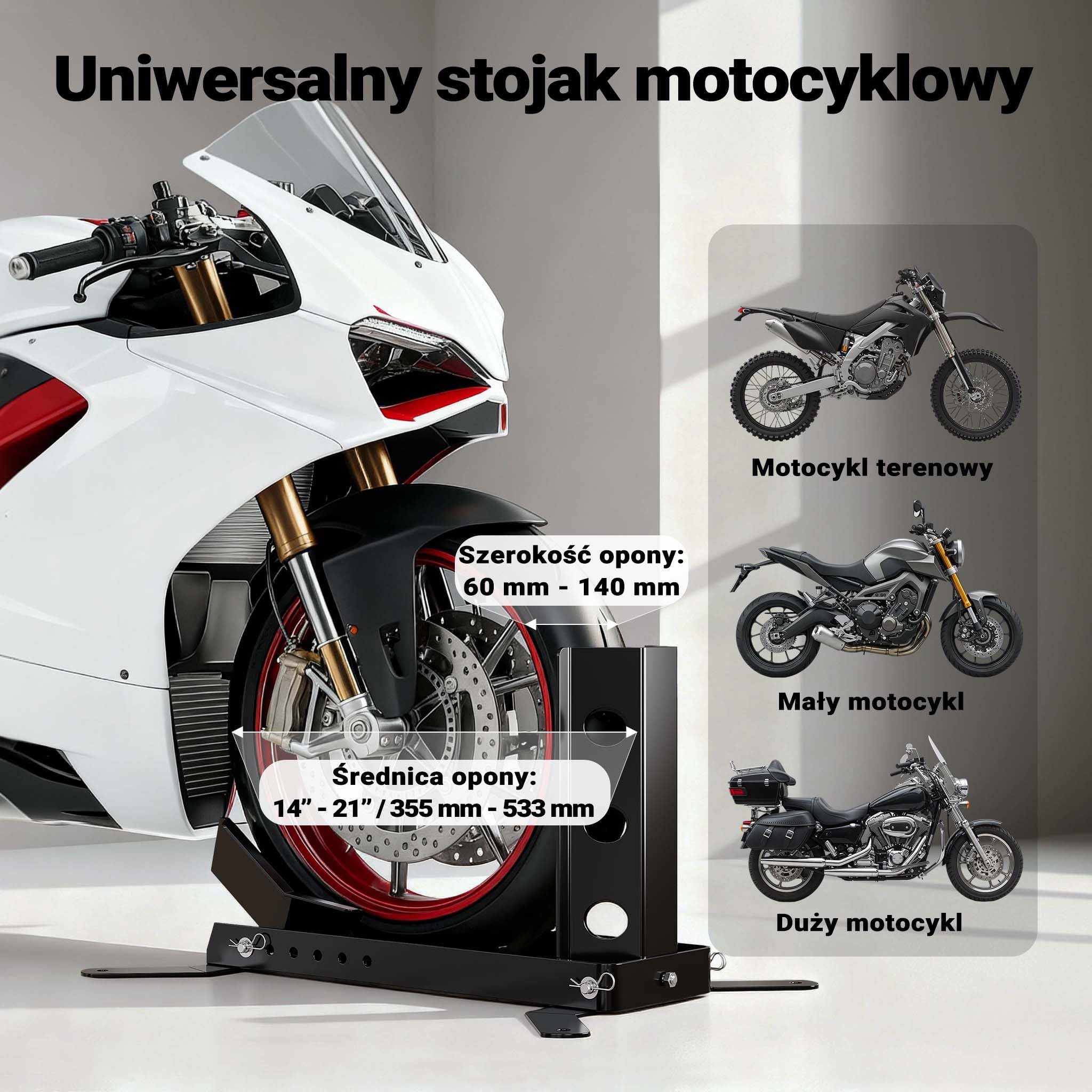 Wiltec Stojak na motocykl do przedniego lub tylnego koła 14-17" czarny do maks. 450 kg, stojak do serwisu motocyklu z otworami mocującymi