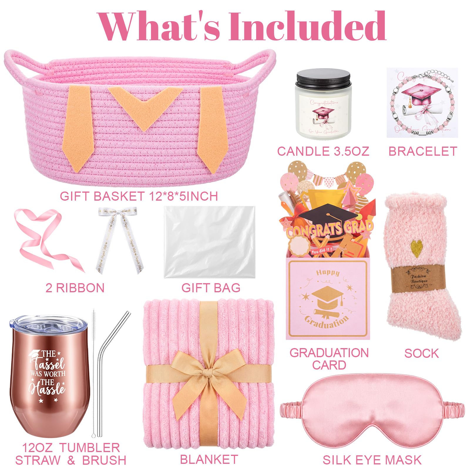 Patelai Pink Graduation Gift Basket Set for Her 2026, with Tumbler Blanket Candle Socks Bracelet Eye Mask Card, High School College Masters Degree Graduation Gifts for Friend Daughter Niece