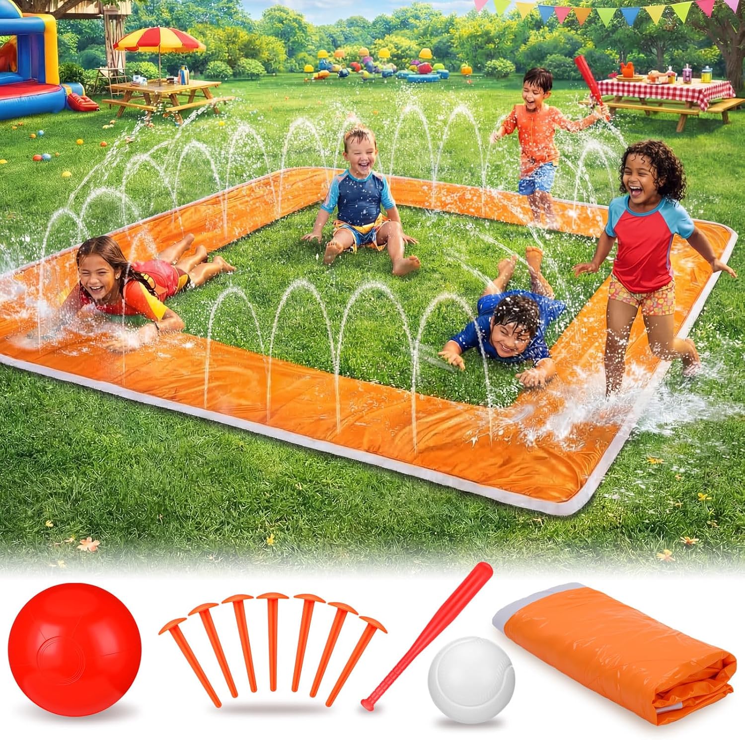 Jenaai Baseball Water Slide Set Water Game Toys 13 ft for Kids Slide Backyard Summer Outdoor with Fixed Piles Baseball Bat & Ball