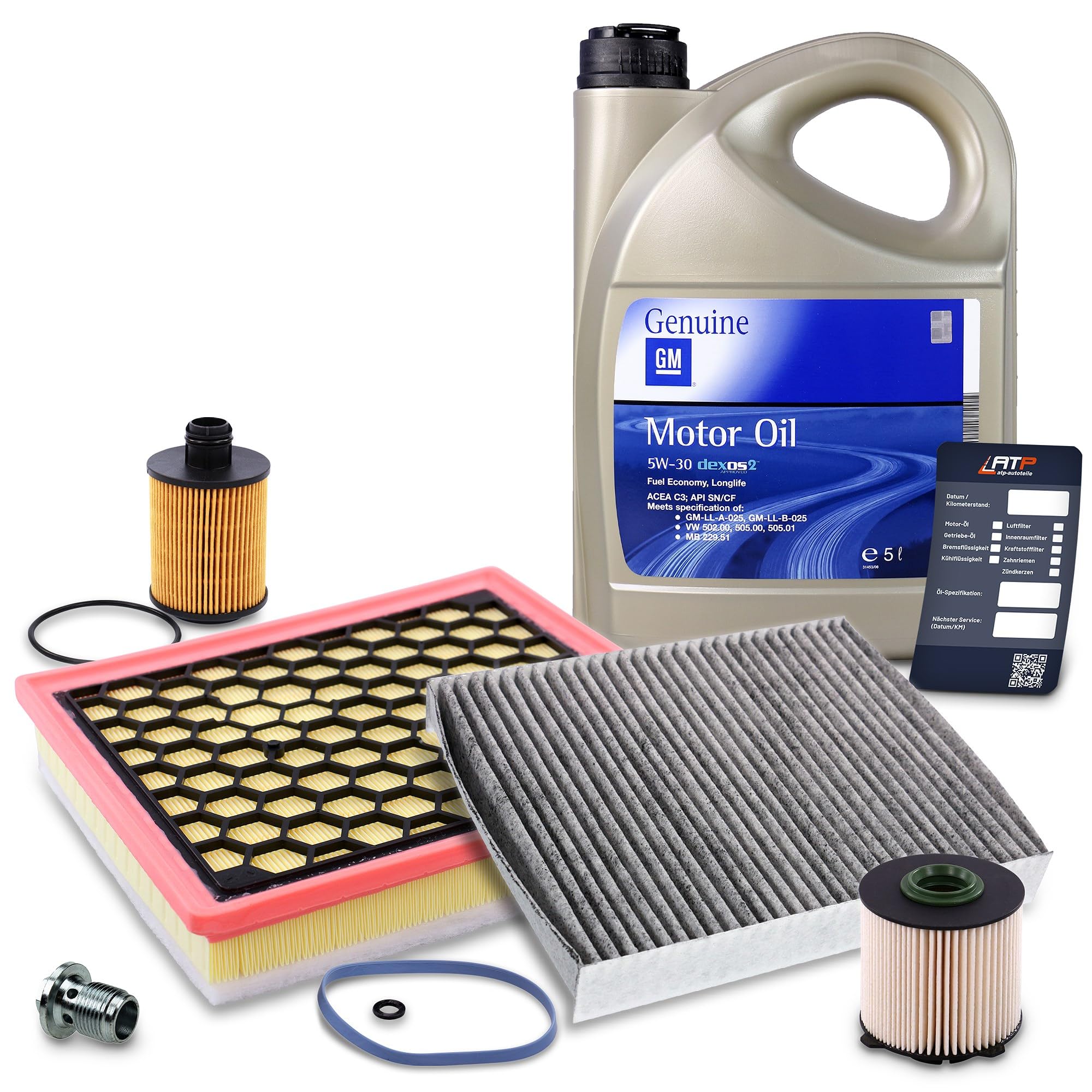 BESTPRICE Inspektionspaket Filterset 1x Ölfilter, 1x Kraftstofffilter, 1x Luftfilter, 1x Innenraumfilter, 1x Ölablassschraube, 1x Motoröl 5W-30 dexos2® 5 l, Kompatibel mit OPEL INSIGNIA A, SAAB 9-5