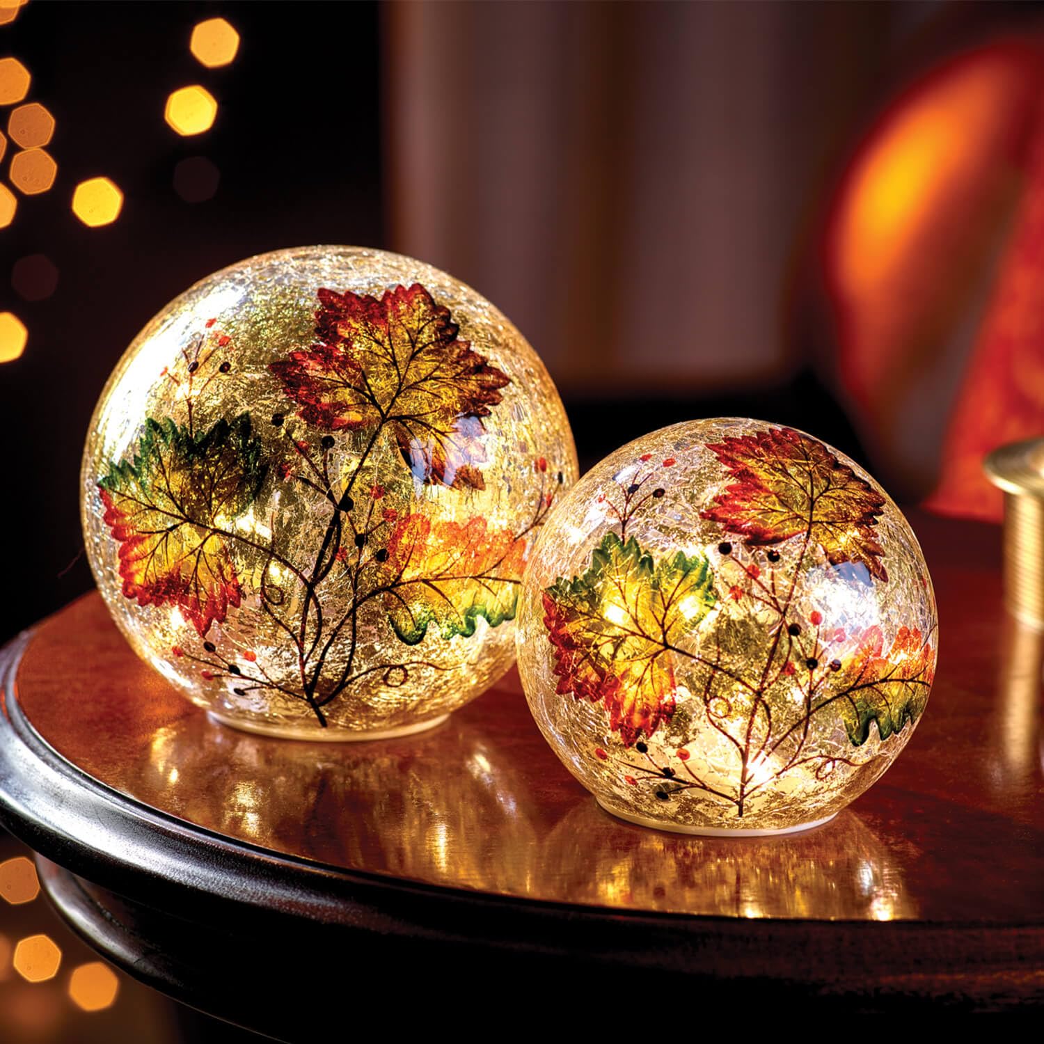 Set of 2 Autumn Leaves LED Crackle Glass Globe Lights Hand Painted Table Ornament