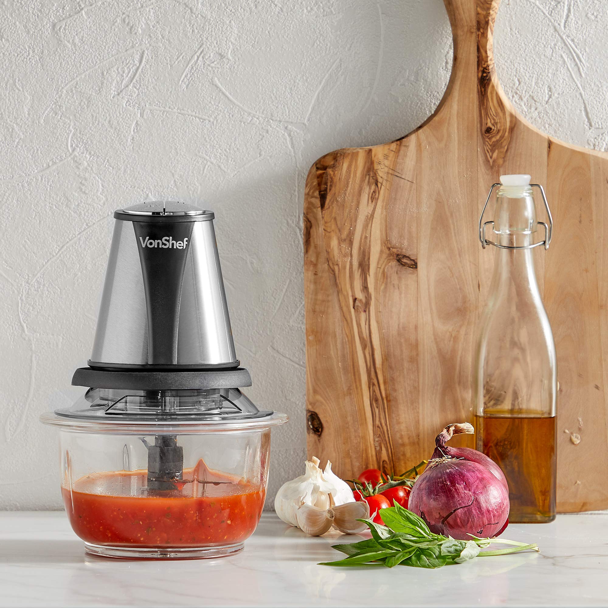 VonShef Mini Picadora Eléctrica - Rápida y Eficiente con 2 Niveles de Velocidad y Recipiente de Vidrio de 1.2L para Hacer Puré y Mezclar Ensaladas, Sopas, Salsas, Alimentos para Bebés y Frutas
