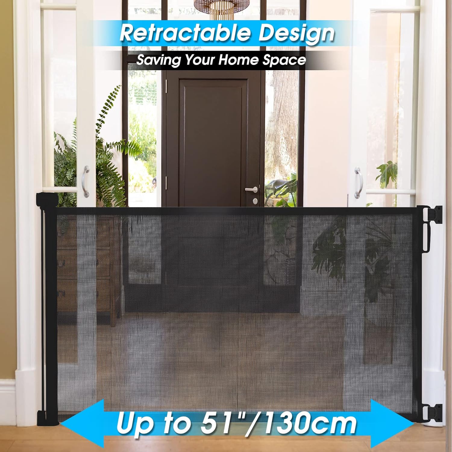 Retractable Baby Gates for Stairs, 33" Tall, Extends to 51" Extra Wide, Mesh Soft Pet Gate for Dog, Child Safety Gate for The House, Doorways, Hallways, House, Indoor, Outdoor(Black)