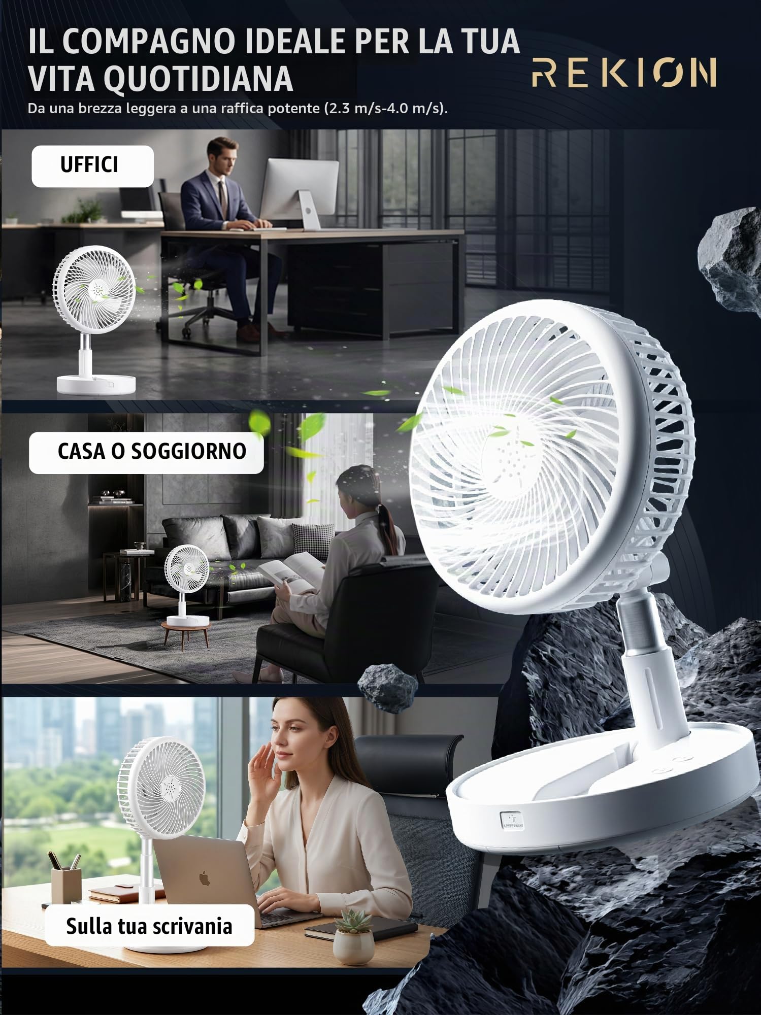REKION® Ventilatore a piantana ultra silenzioso, 30 dB, pieghevole, di alta qualità, portatile, ricaricabile, 4000 mAh, USB-C, 4 velocità, regolazione a 180°, scrivania, campeggio e viaggi, altezza