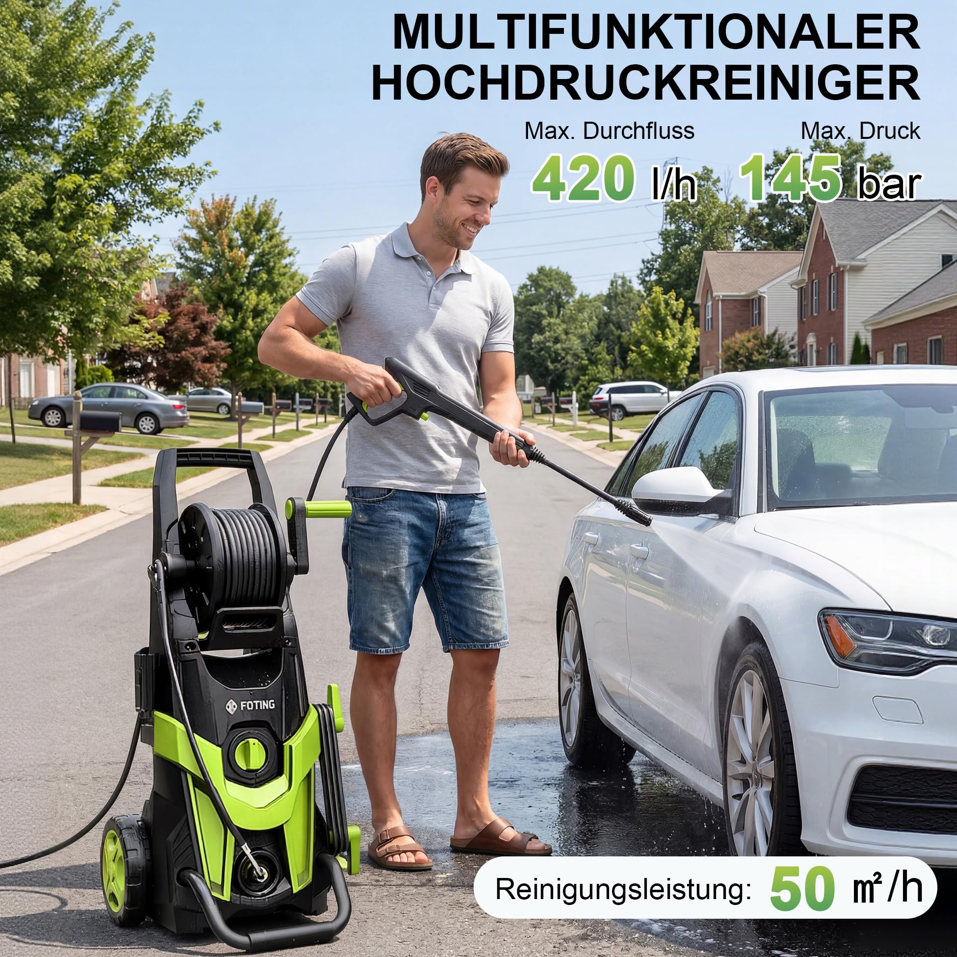 Hochdruckreiniger, Druck: max. 145 bar, 6-in-1-Düse, Fördermenge: 420 l/h, Flächenleistung: 50 m²/h, mit 7 m Hochdruckschlauch und Reinigungsmittelbehälter 500 ml, für Auto, Terrasse und Garten