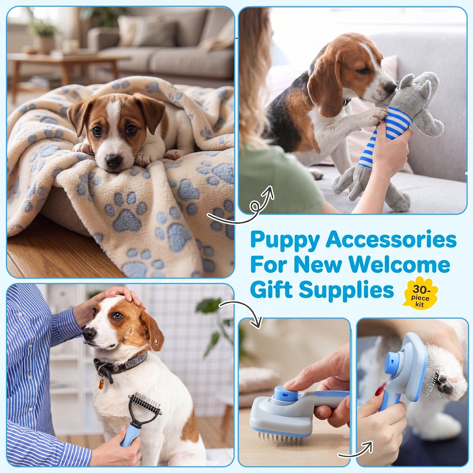 30-teiliges Welpenzubehör-Starter-Set für kleine Hunde, kein Ziehen, Hundegeschirr, Halsband, Leine, Spielzeug, Wasserflasche, Haustierpflegeset, Welpenzubehör als Willkommensgeschenk (Blau