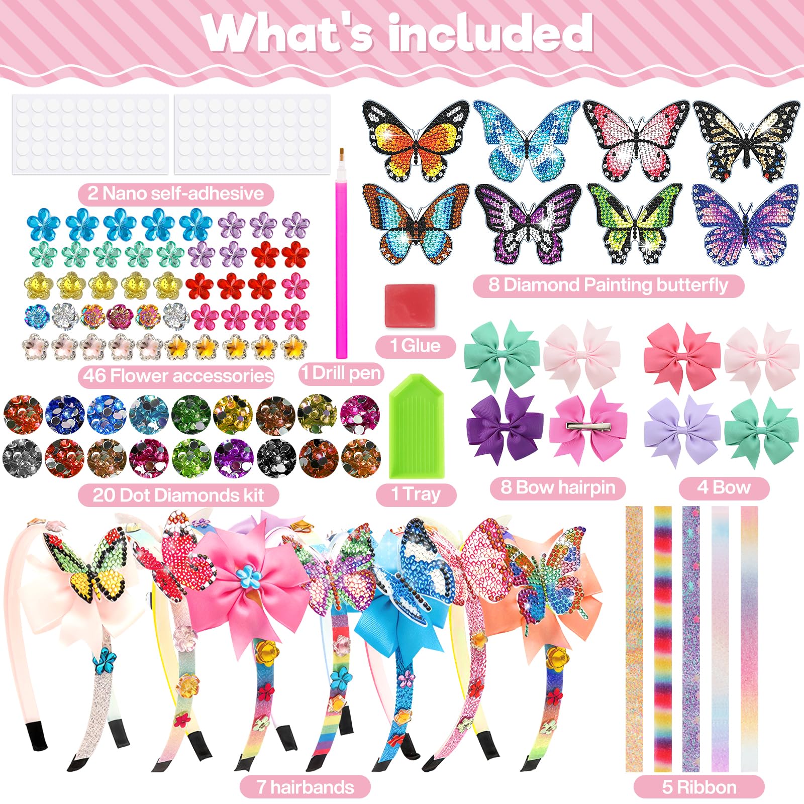 NLMWTI 90 Pièces Kit Coiffure Enfant – Bandeaux Et Pinces Papillon Avec Peinture Diamant – Dès 5 Ans