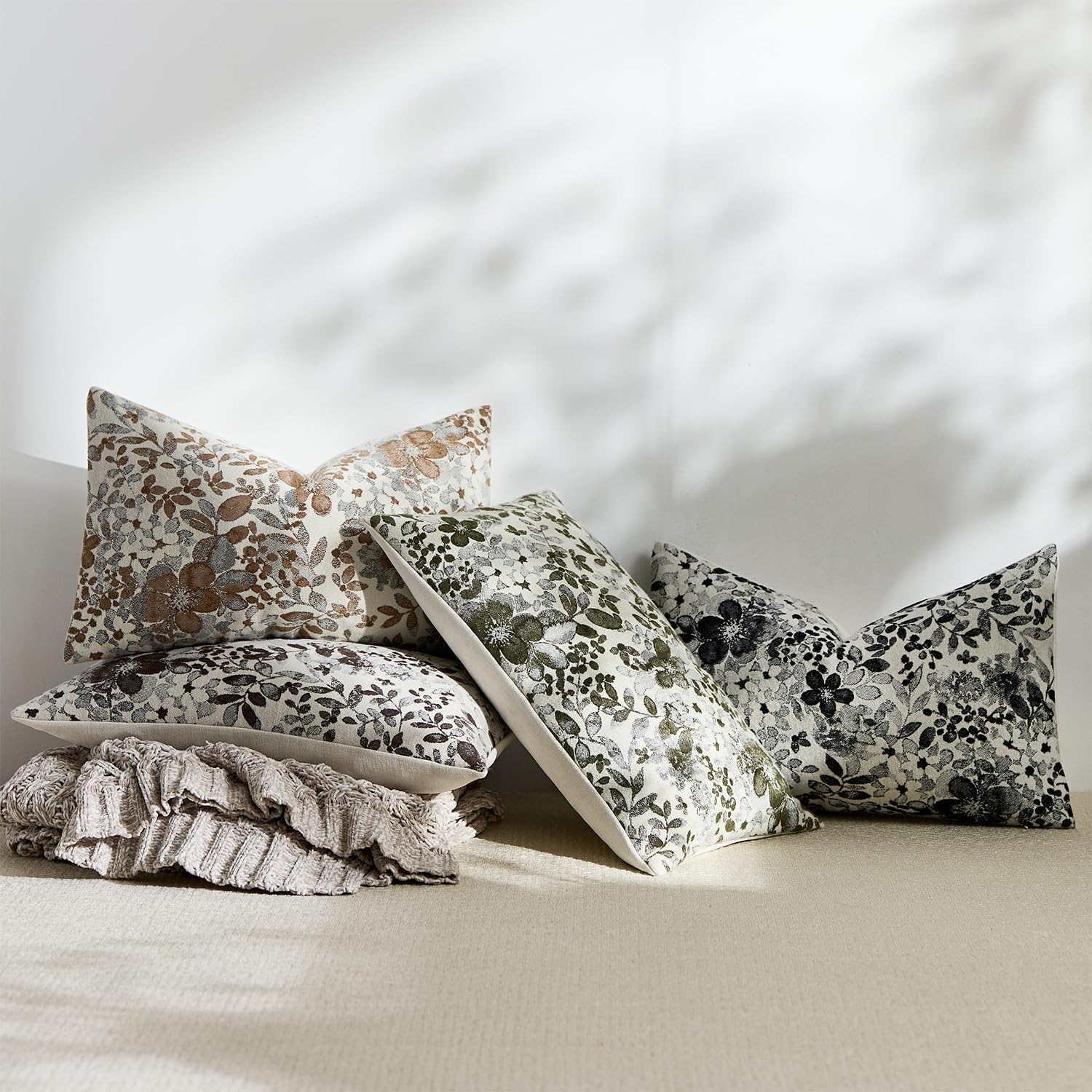 Vintage Floral Lumbar Pillow Covers 12x20 Pack of 2 Country Farmhouse Accents Chenille Jacquad Rectangular Decorative Throw Pillow Cases for Living Room Couch Bed Home Decor, Deep Brown - Image 7