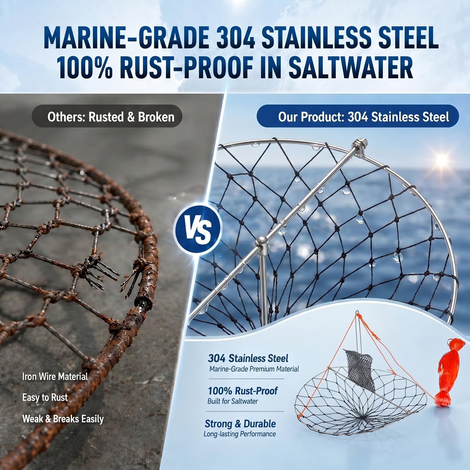 3 Stück 61 cm faltbare Wurf-Krabbenfalle mit 30 m Seilen und Köderbeuteln, 304 Edelstahl, Castable Crabbing Net Handwurfkäfig für blaue Krabben, Dungeness, Krebse