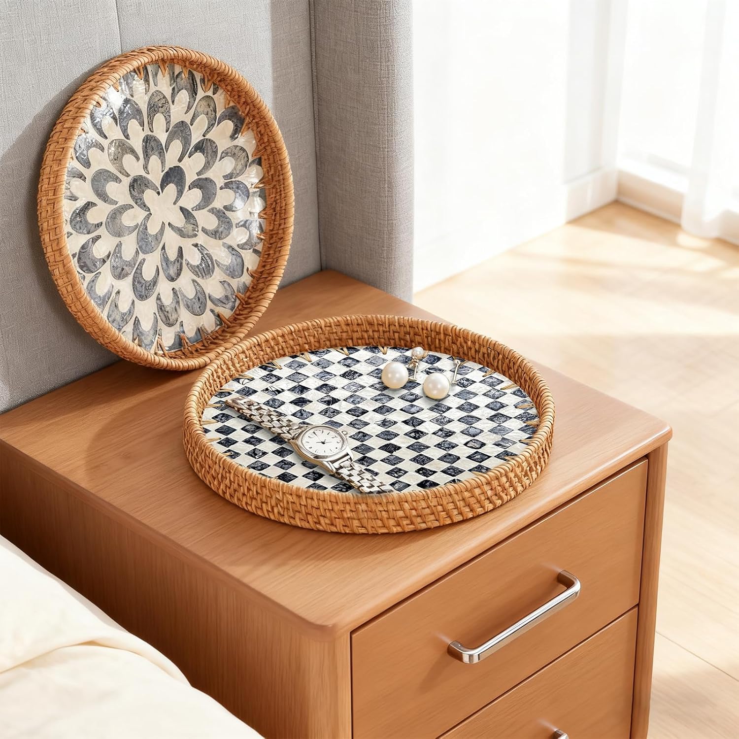 Round Rattan Tray with Mother of Pearl Inlay, Decorative Basket with Wooden Base, Woven Tray for Kitchen Island Decor, Table Decor, Storage and Display of Food (Black Plume, 13.8") - Image 5