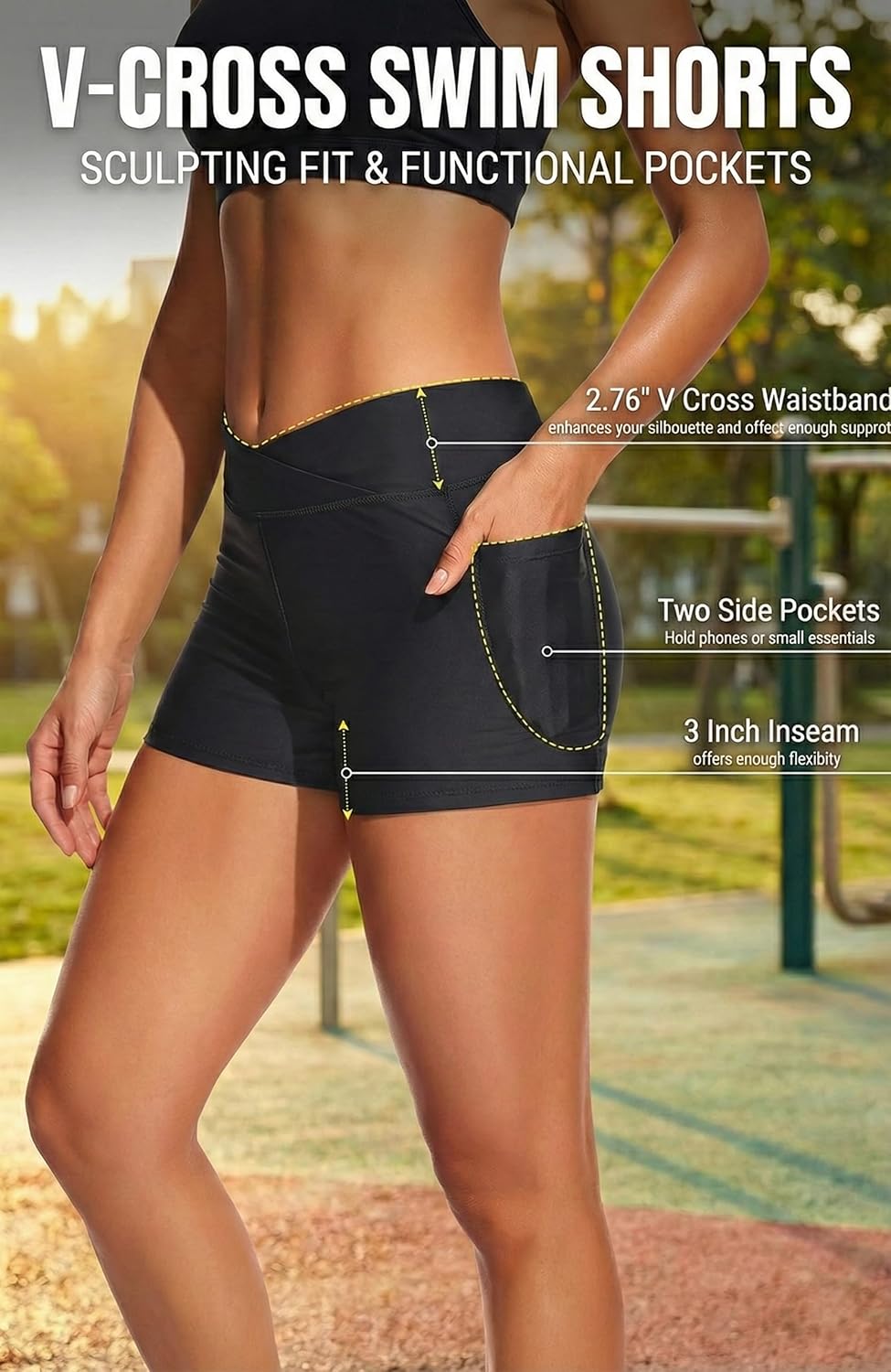 Women 3" High Waisted Swim Board Shorts V Cross Boy Shorts Swim Bathing Suit Bottoms Swimwear with Pockets - Image 3