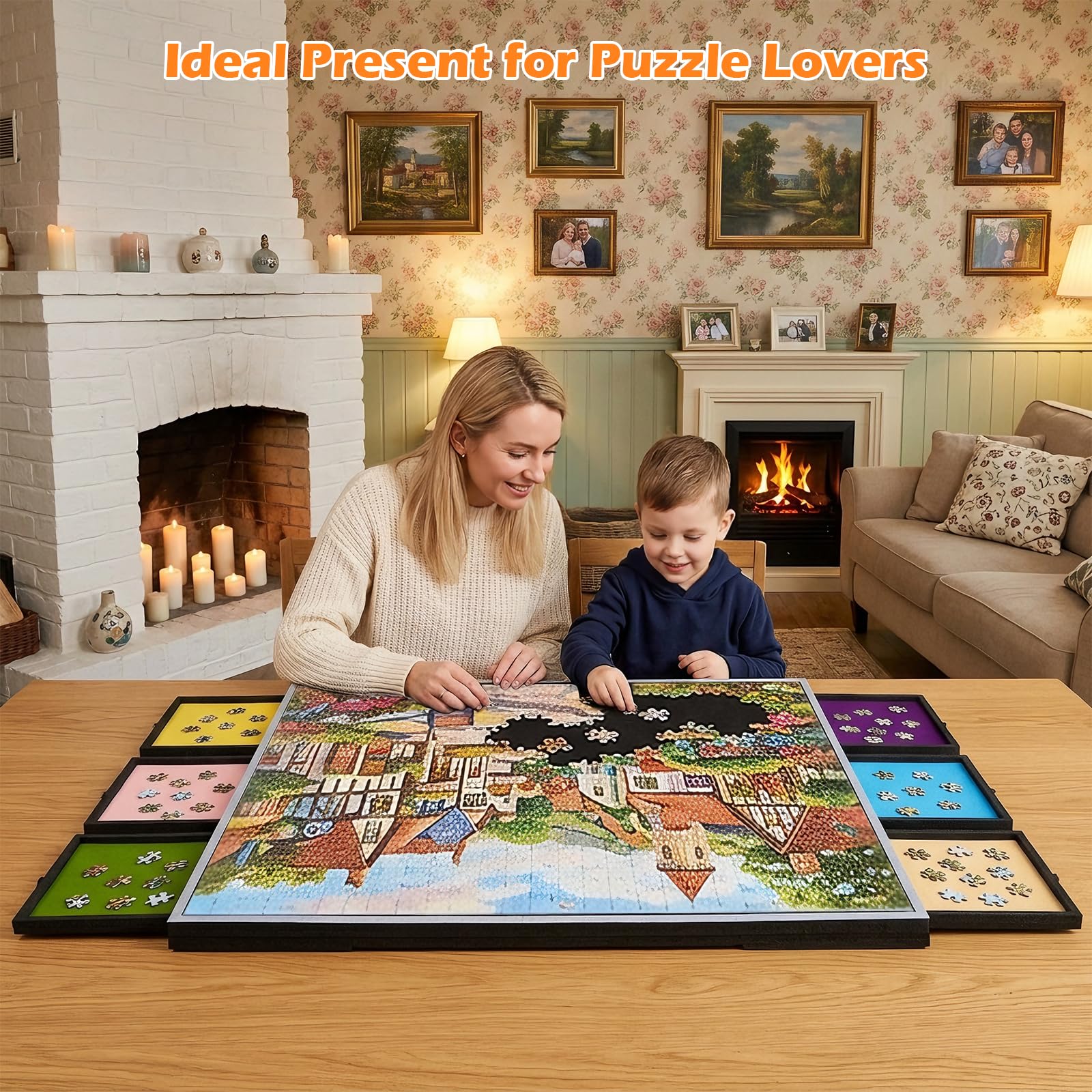 Planche Puzzle Pliable 2 en 1 avec 5 Angles d'inclinaison réglables, Table Puzzle en Feutre de 2000 pièces, 6 tiroirs Amovibles et Housse de Protection, Portable, inclinable