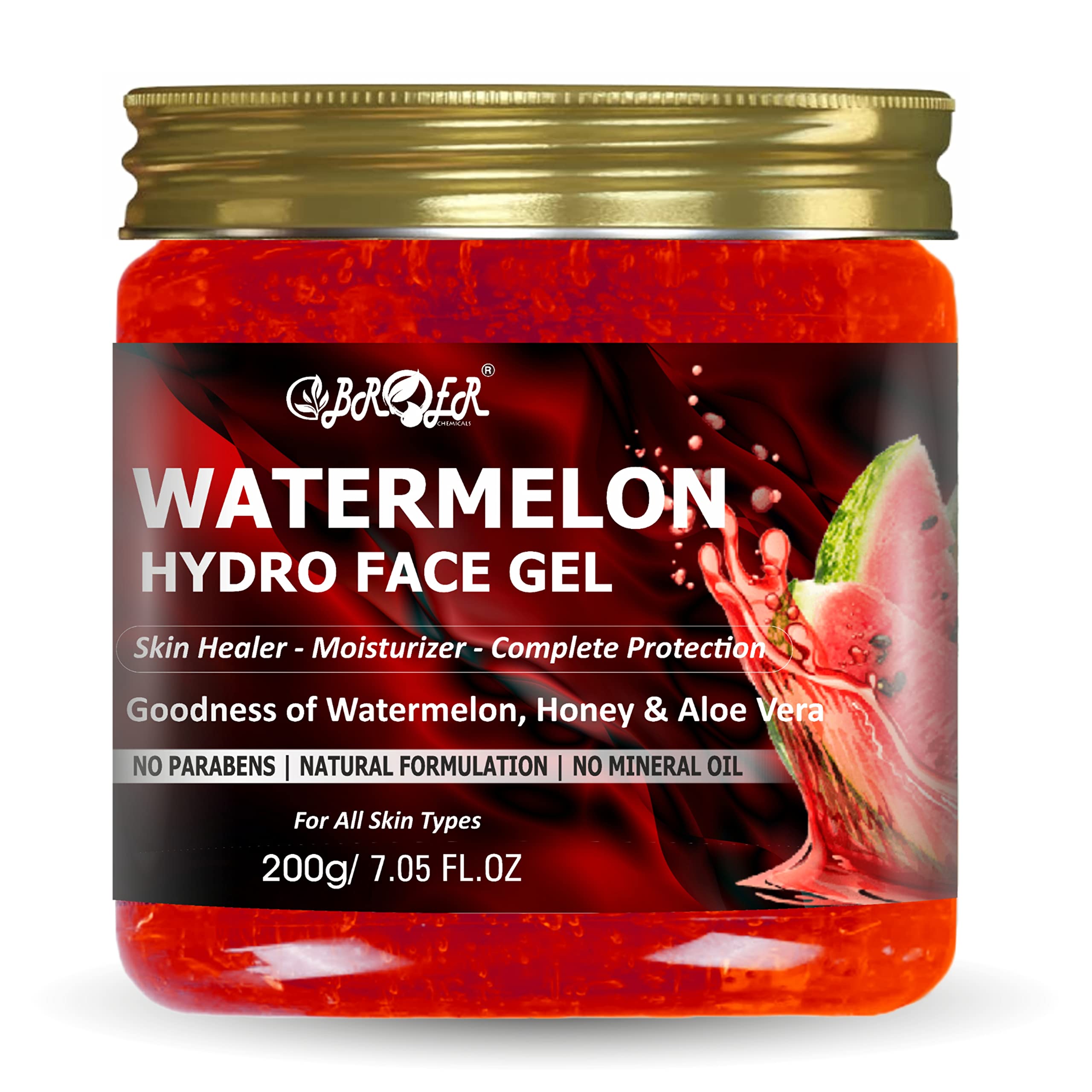 BROER Watermelon Hydro Face Gel With Honey Extract & Aloe Vera Extract For All Skin Types | Paraben Free, Sulphate Free 200gm
