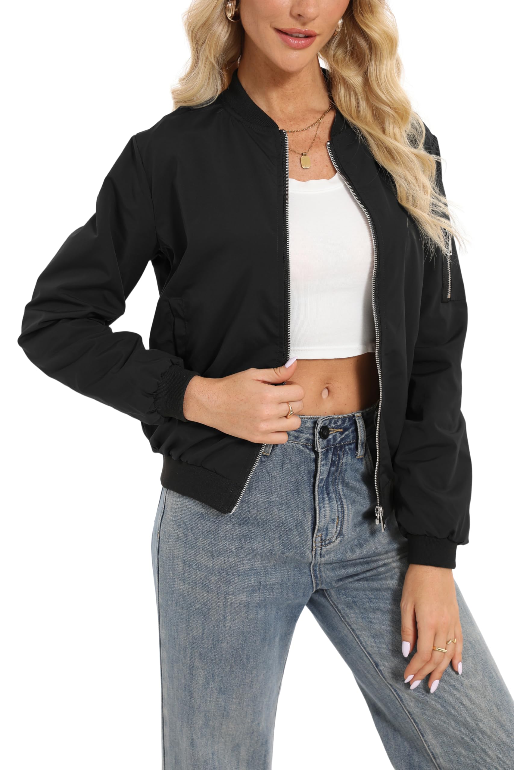 Oyamiki Blouson bomber à manches longues pour femme - Blouson court décontracté - Veste d'automne légère - Veste d'aviateur avec poches