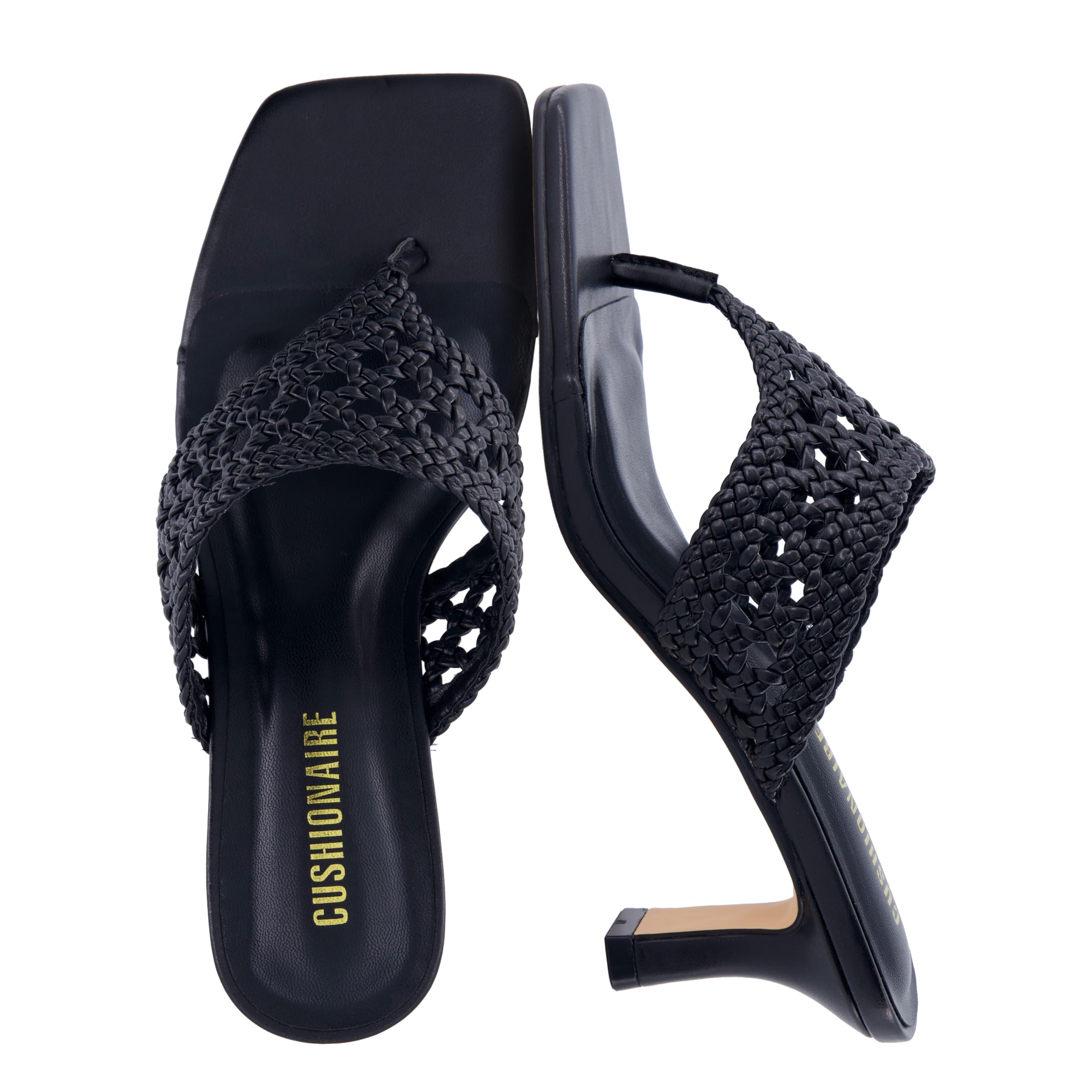 CUSHIONAIRE Spryte Flared Kitten Heels for Women, Square Toe Thong Heeled Sandals with Woven Braided Strap and Slip On Mule Style