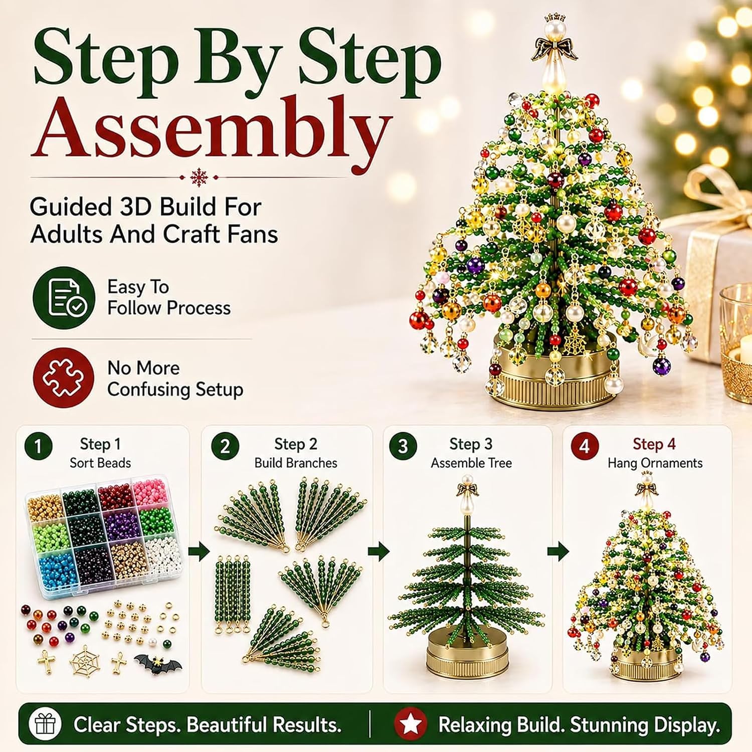 DIY Beaded Christmas Tree Kit, 3D Crystal Bead Pearl Handmade Art
