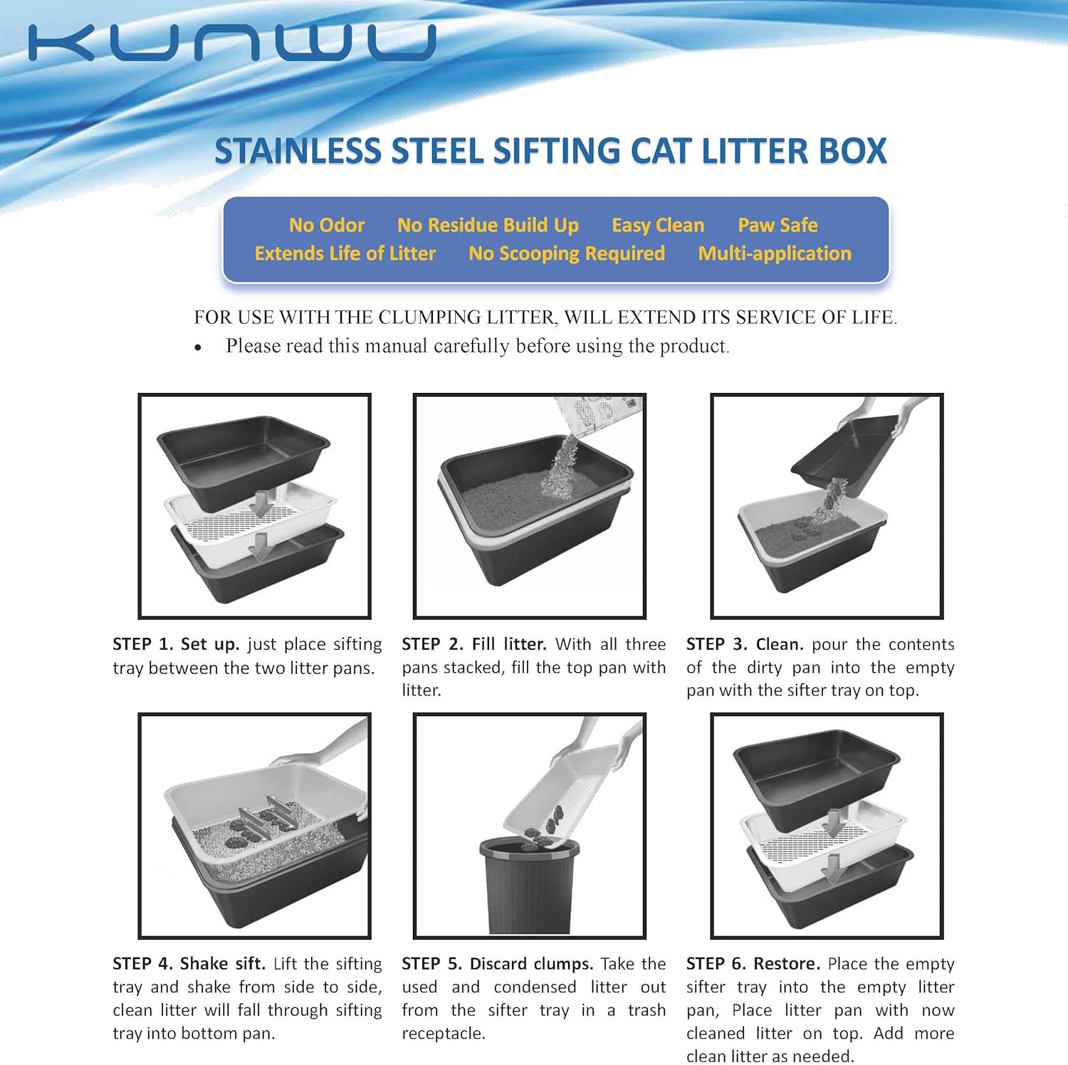 Extra Large Stainless Steel Sifting Litter Box Scoop Free Cat Litter Tray, Corrosion Resistant Easy Clean No Odor Three Pan Set (Extra Large)