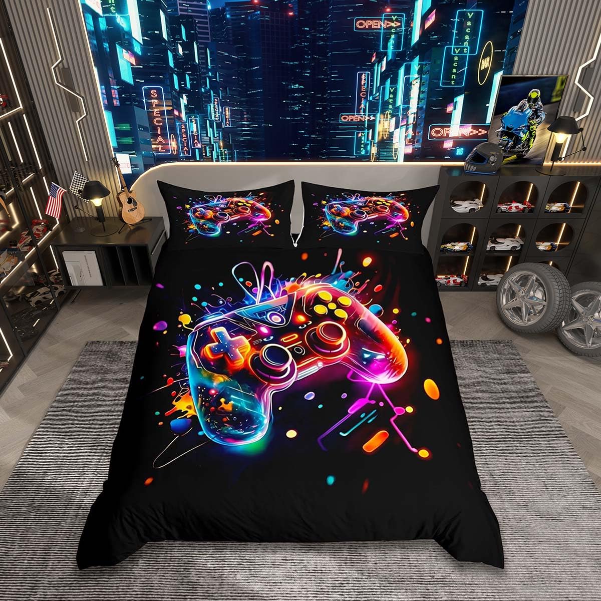 Homemissing Kids Boys Gamer Duvet Cover Set Super King Size Colorful Gaming Bedding Set 3D Gamepad Duvet Cover with 2 Pillowcases Game Room Decor Bedding — image 1
