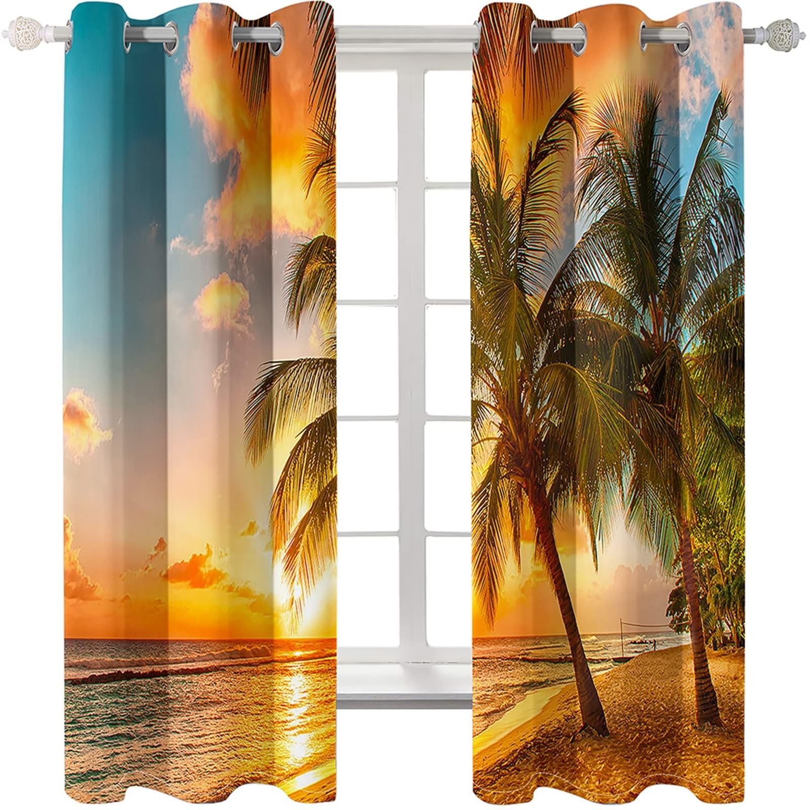 Gualiy Vorhänge Ösen 2er Set Blickdicht, Vorhang 132x183 Sonnenuntergang Kokospalme Meer Strand Vorhang Verdunkelung