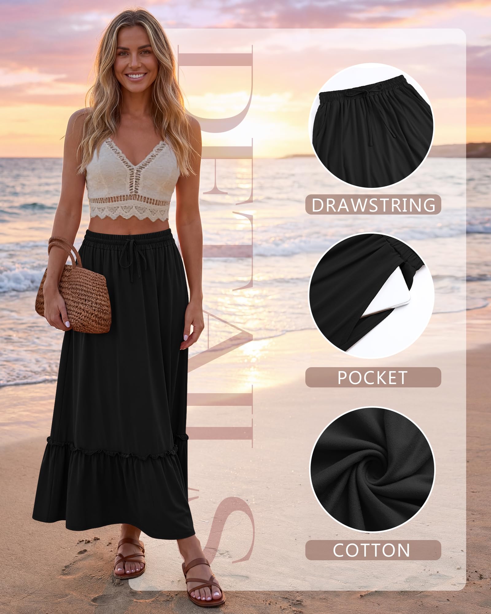 Ficerd 3er-Set Damen Boho Maxi-Röcke, Lange Stufenrock Rüschen, Hohe Taille mit Kordelzug, Lässiges Kleid mit Taschen