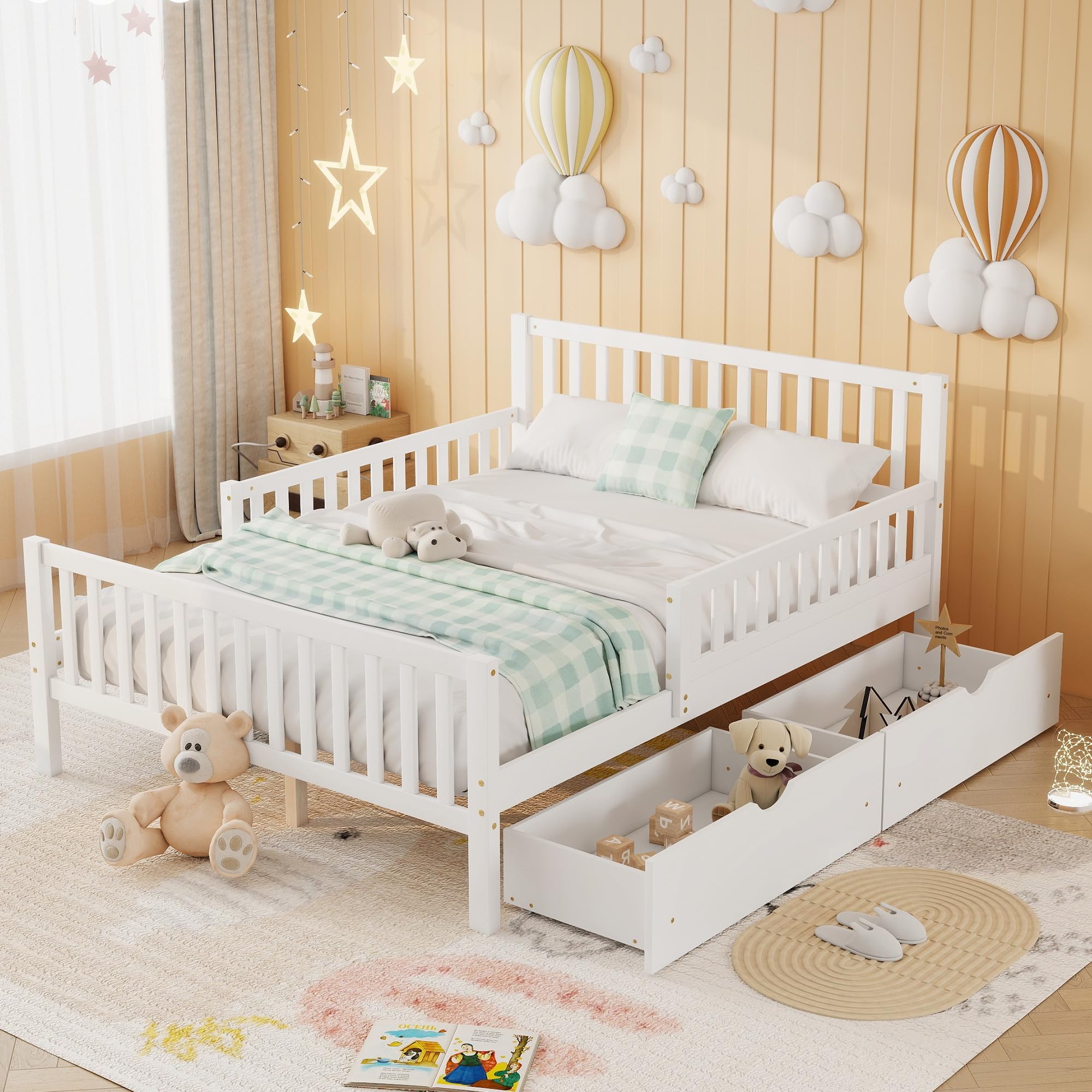 Duxelifin Full Size Kids Bed with Storage, Full Bed Frames for Kids, Platform Beds with Rails on Both Sides & Two Storage Drawers, No Need for a