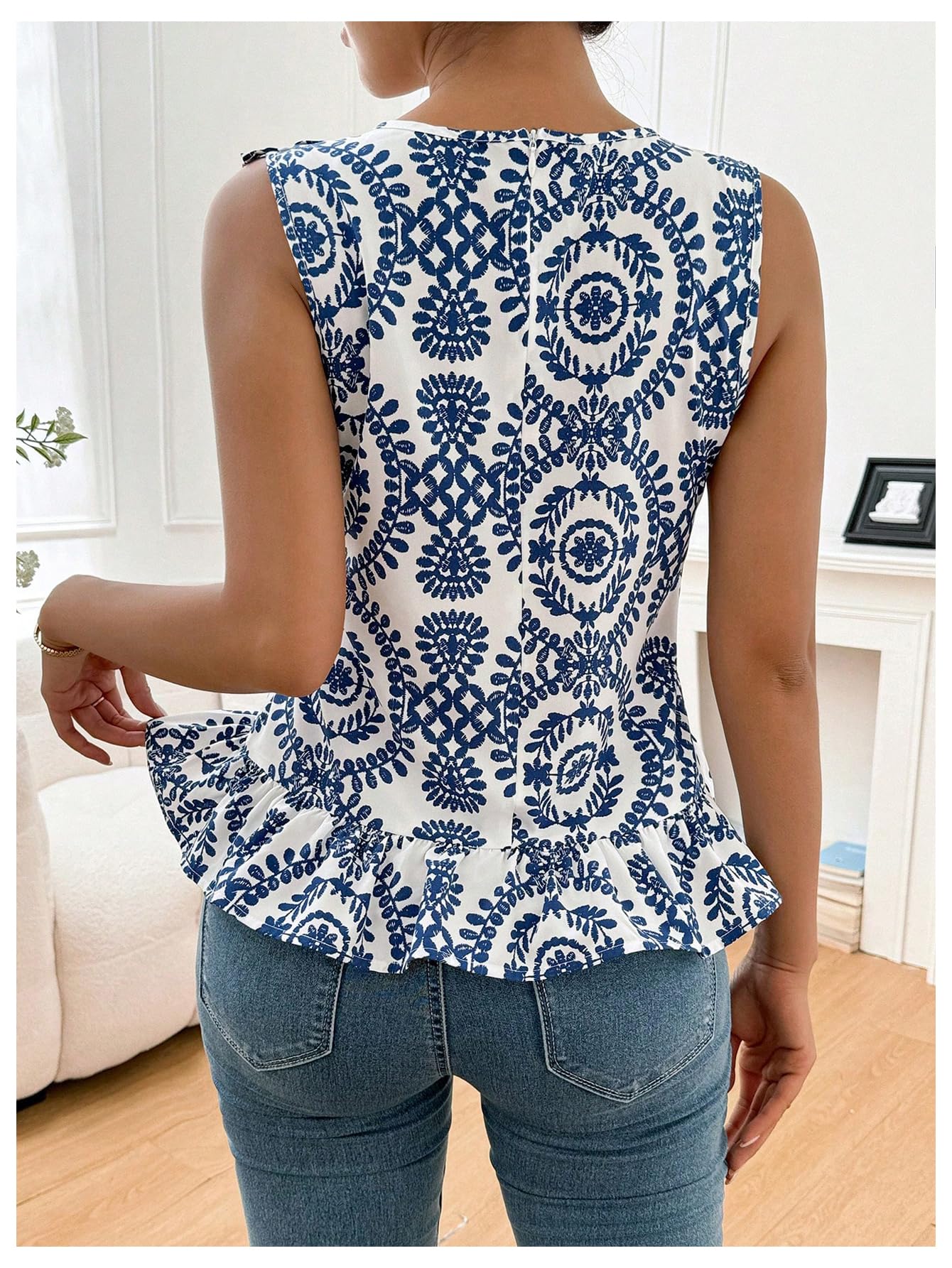 Floerns Camicetta da donna con scollo rotondo floreale e orlo a volant, senza maniche, stile boho