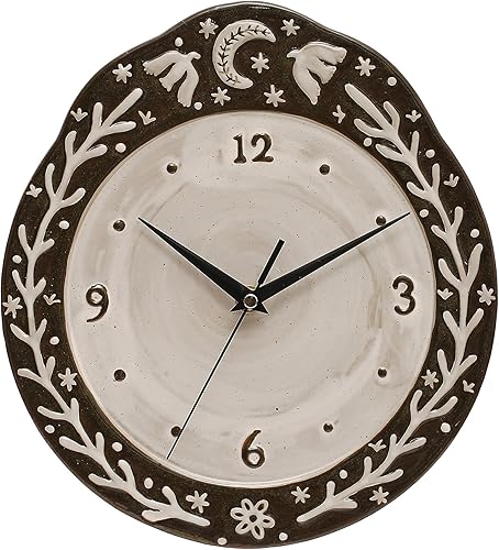 Creative Co-Op 10.75 Inches Embossed Stoneware Night Sky Design and Reactive Glaze, Brown and White Clock