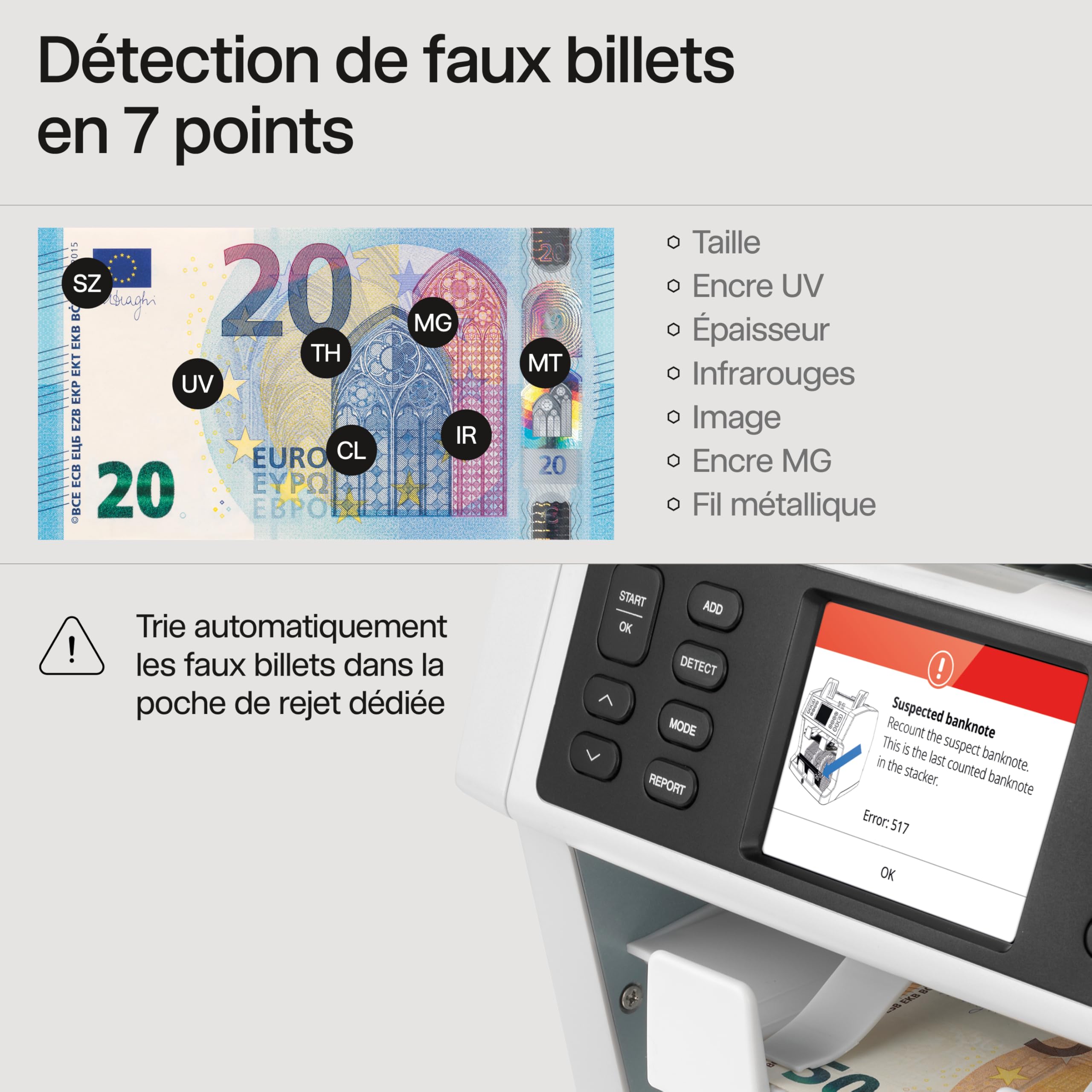 Safescan 2985-SX compteuse de billets valorisatrice qui compte et trie les billets mélangés - Compteur de billets avec détection de faux billets sur 7 points - Compteuse de billets avec option de tri