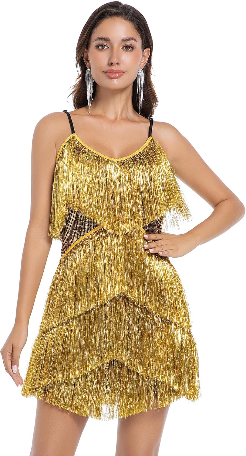 Tinsel Fringe Dress - Sexy V Neck Tinsel Tassels Mini Strap Dress Birthday Prom Cocktail Party Club Night for Women