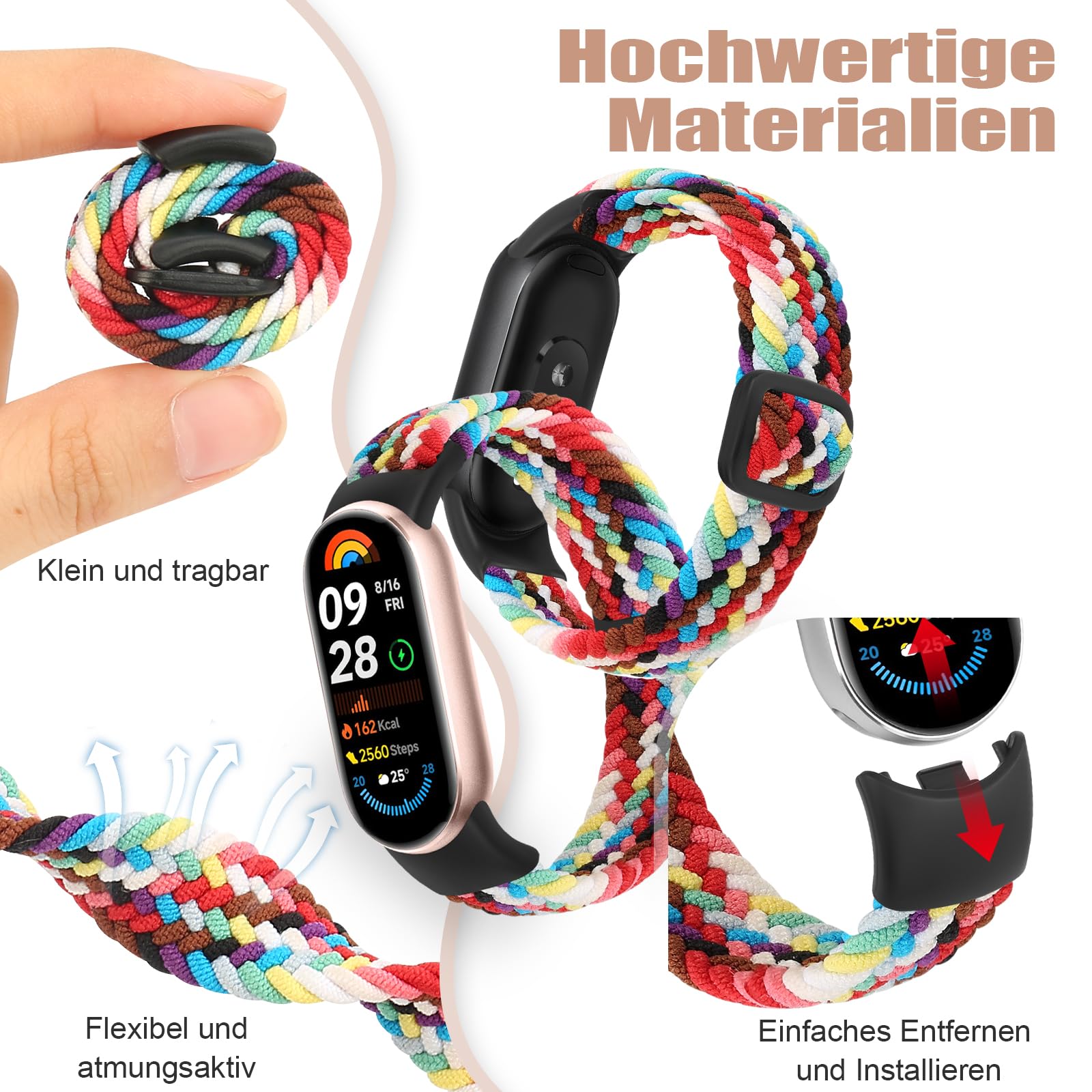 Geflochtenes Armband Kompatibel mit Xiaomi Smart Band 10/9/8, Elastisches Nylon Solo Loop Ersatzarmband für Damen Herren