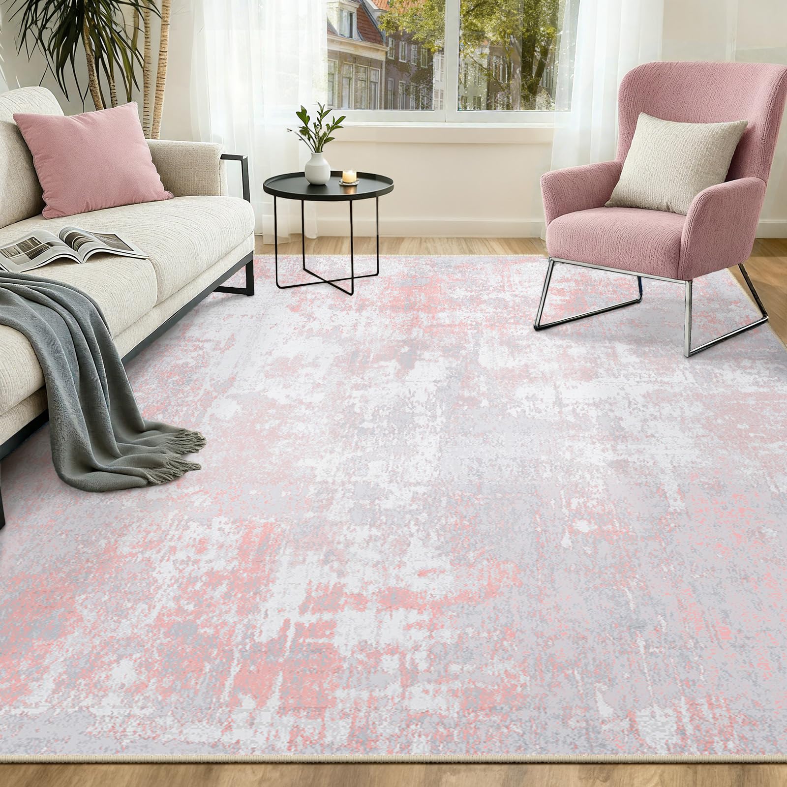 INOVADAY Washable Rugs Living Room 150x210 cm Modern Abstract Rug with Soft Low Pile Vacuum Friendly Non Slip Backing Minimalist Carpet for Lounge Bedroom Dining Room Home Office Pink Grey