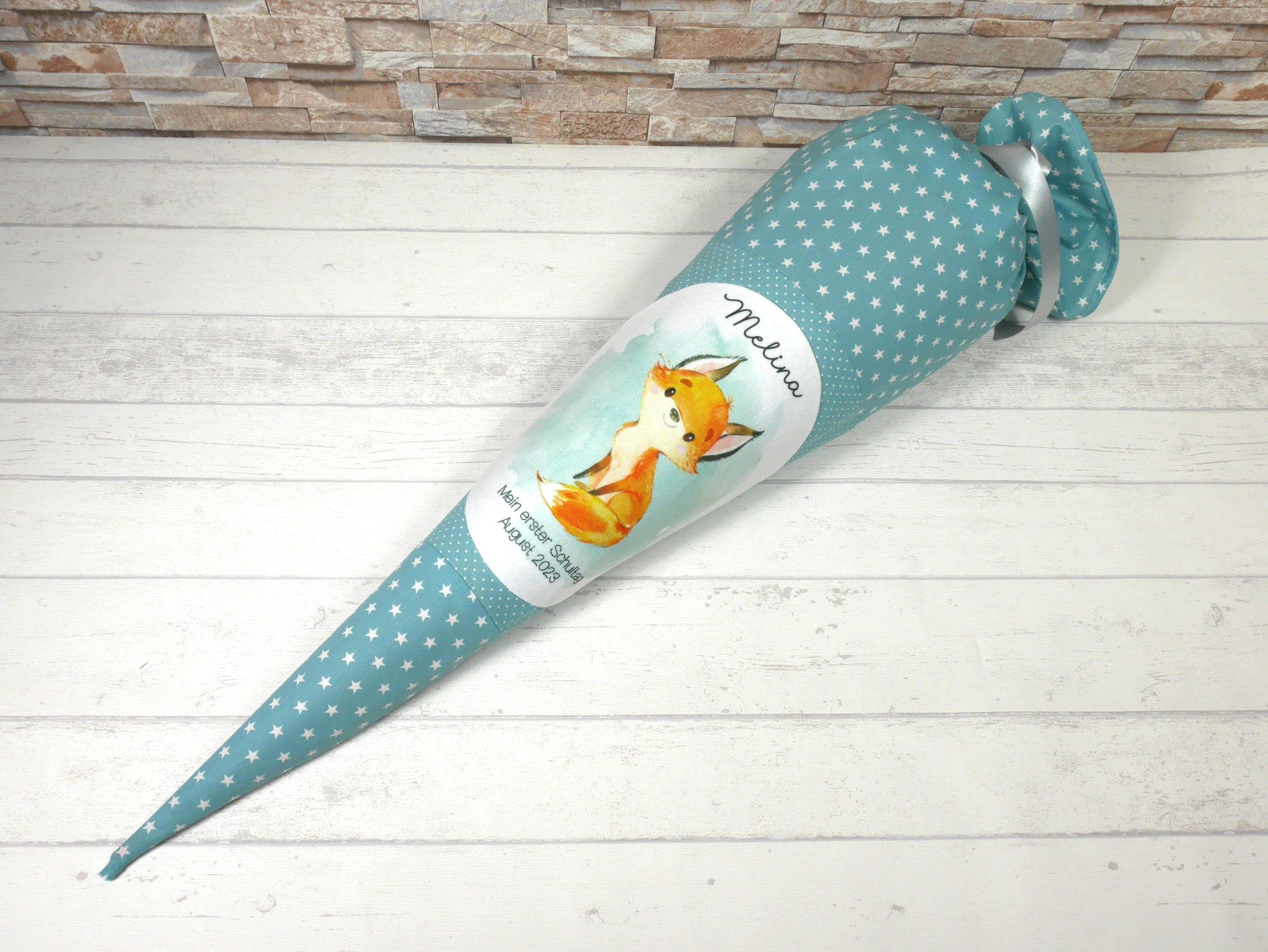 Schultüte aus Stoff altgrün mit Name Fuchs Zuckertüte 70cm oder 85cm mint