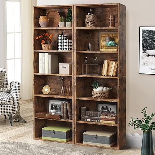 oneinmil Bookcase and Bookshelf Set of 2,Floor Standing 6-Story High Bookshelf, Display Storage Rack, Home Decorative Furniture, Suitable for Home Offices, Living Rooms, and Bedrooms,Brown