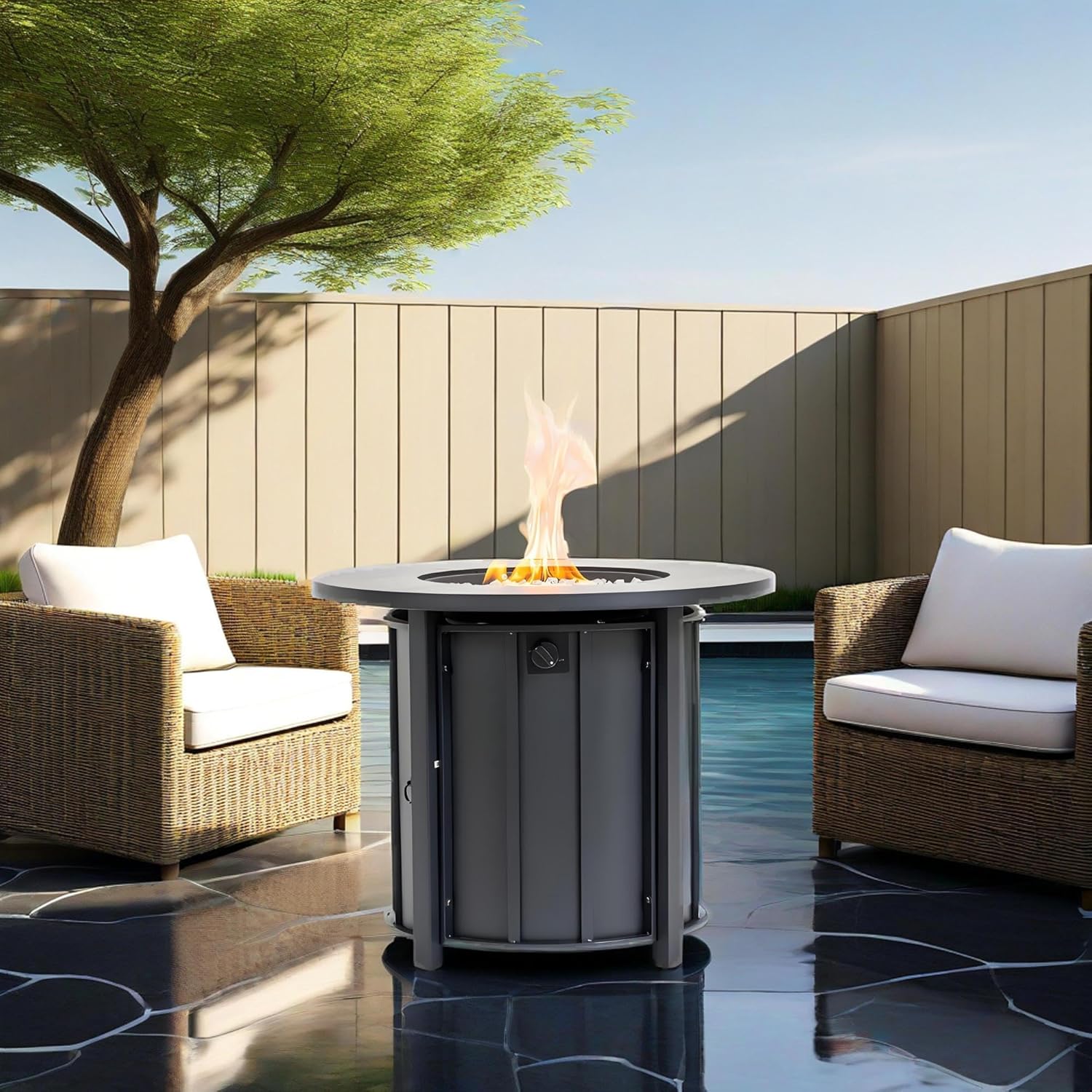 30" Propane Gas Fire Pit Table, 50000 BTU Round Outdoor Fire Pit with Wood Grain Ceramic Tabletop, Steel Patio Fire Table with Lid & Rain Cover for Backyard Deck Garden, Black