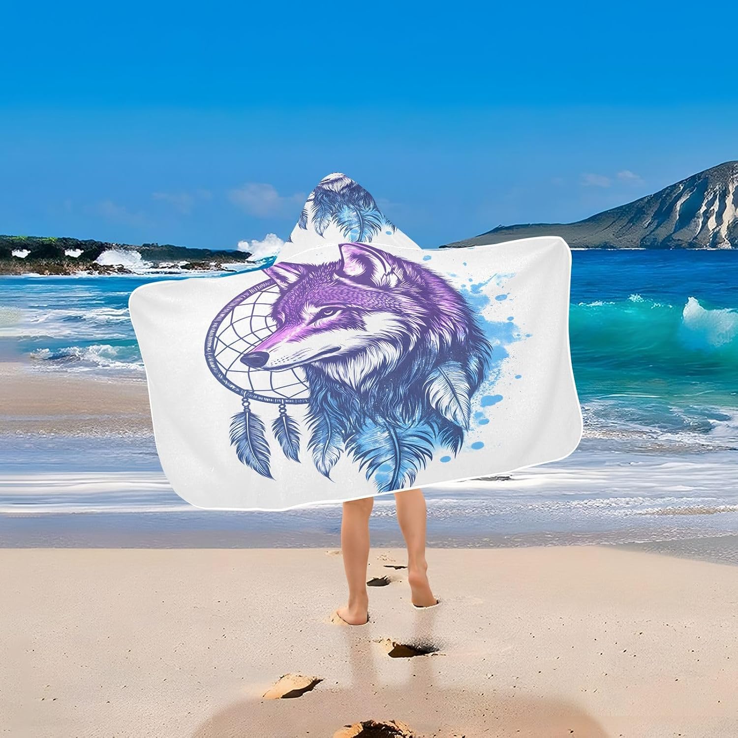 Boho Indian Watercolor Wolf Kids Bath Towels Hooded Poncho, 50x23.5in Quick Dry Beach Towels for Boys Girls Toddlers, Soft Absorbent Baby Bath & Hooded Towels Cape for Swimming Bathroom